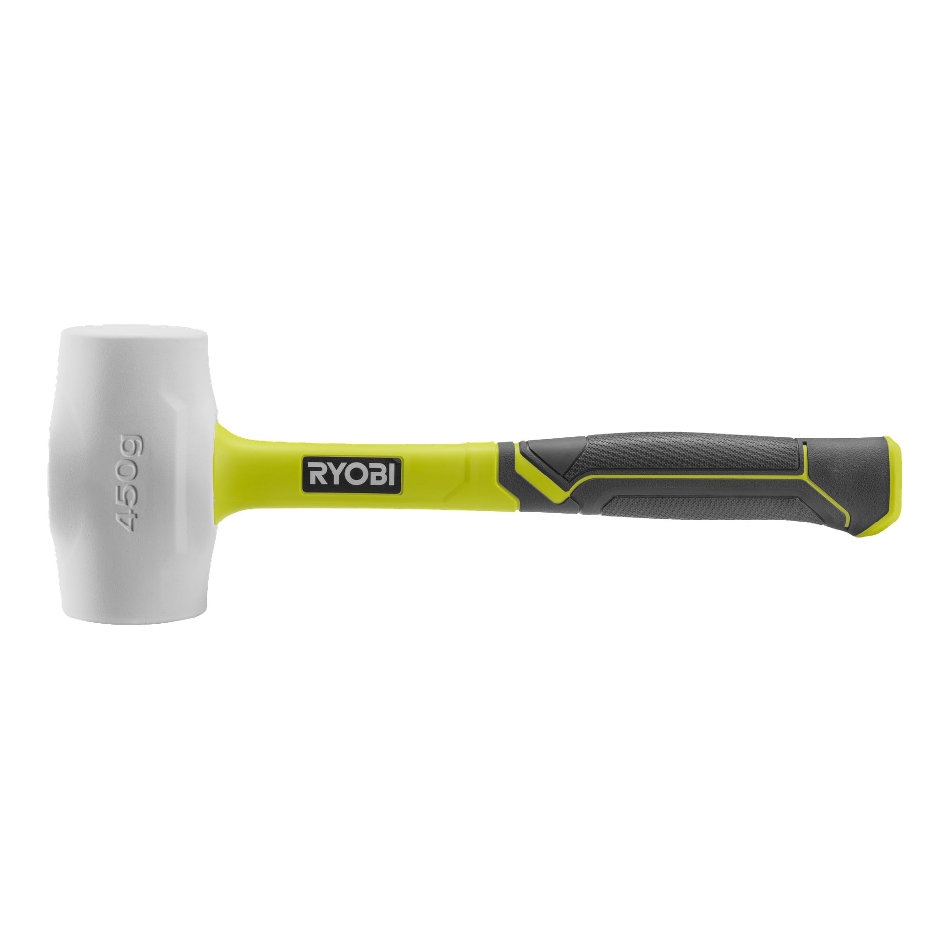 En Ryobi RHHM450W gummihammare som väger 450 g visas från sidan, med ett vitt gummihuvud och ett svart och gult handtag med ett texturerat grepp.