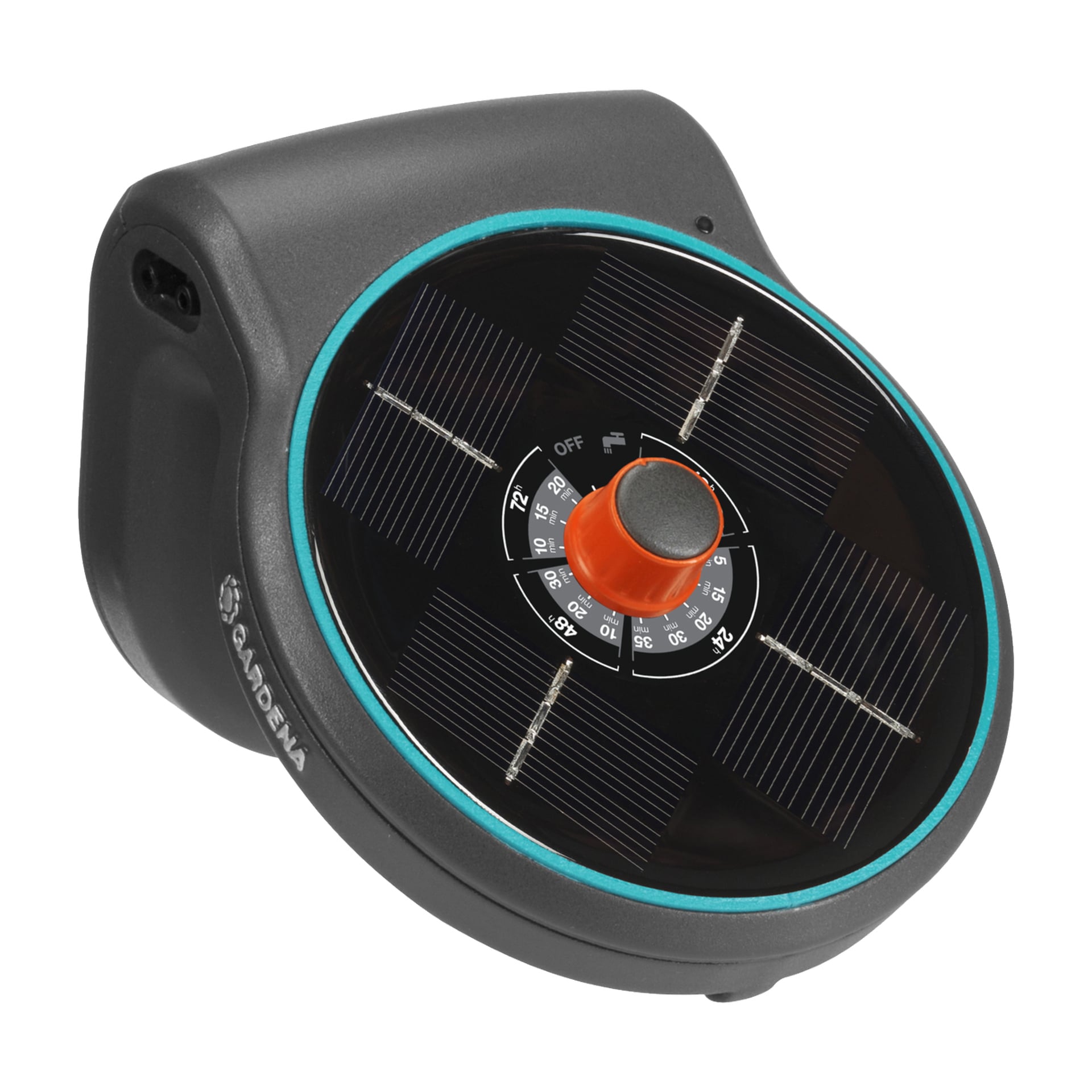 En cirkulär svart och grå enhet med integrerade solpaneler, en orange mittratt och synliga timermarkeringar; Gardena AquaBloom Set märks tydligt på dess sida.