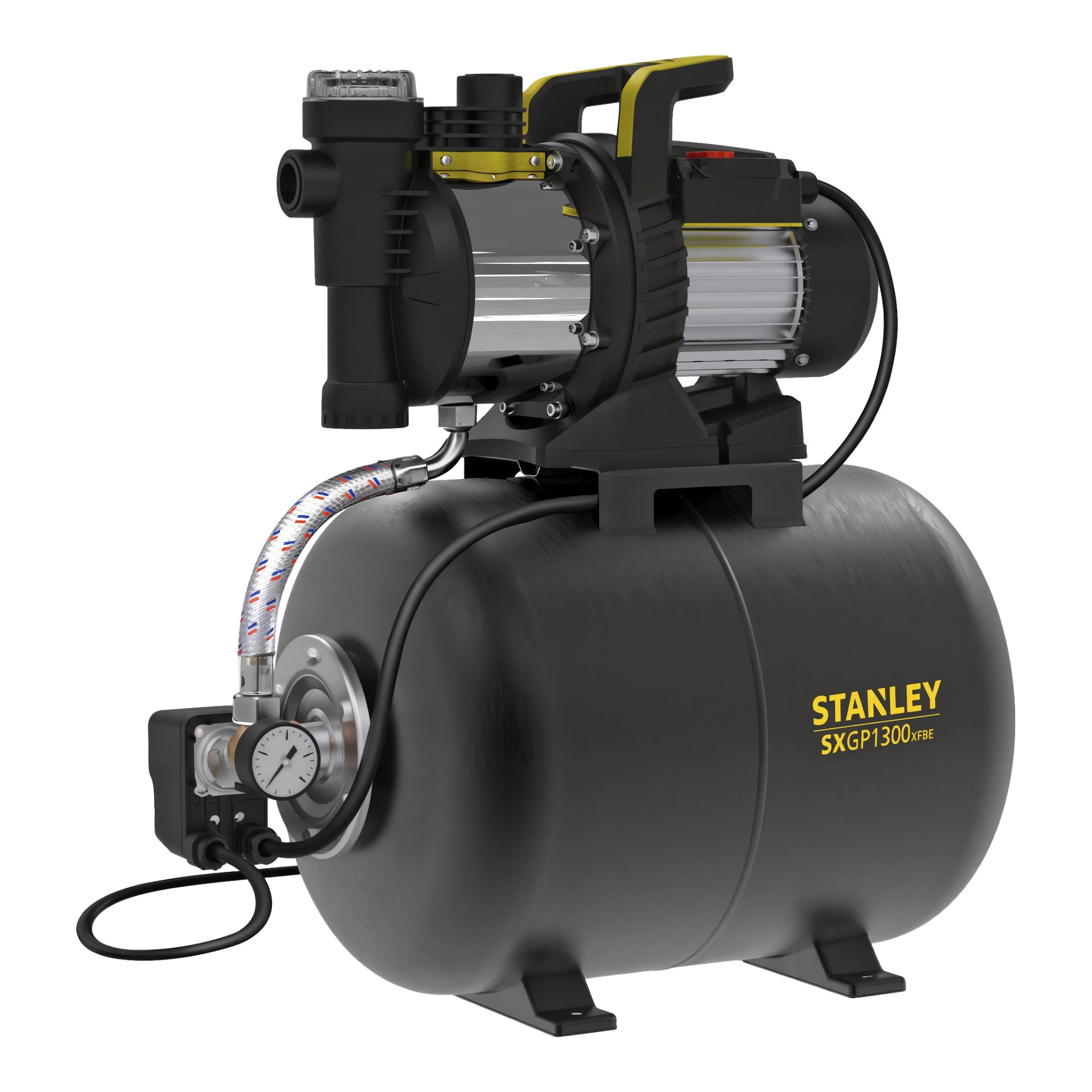 Stanley Hydrophore-pumpens SXGP1300XFBE är svart och inkluderar en tryckmätare, en metalltank och en genomskinlig slang. Den är designad med ett bärhandtag och en exponerad strömkabel.