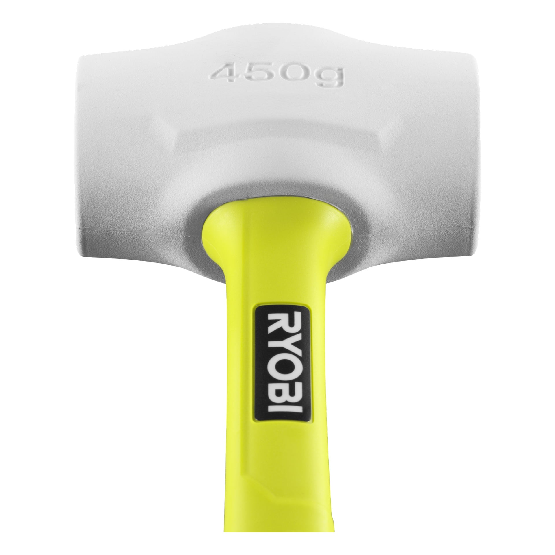 Ryobi RHHM450W gummihammare med ett vitt 450 grams huvud markerat i relief och ett starkt gult handtag med Ryobi-loggan i svart och vitt.