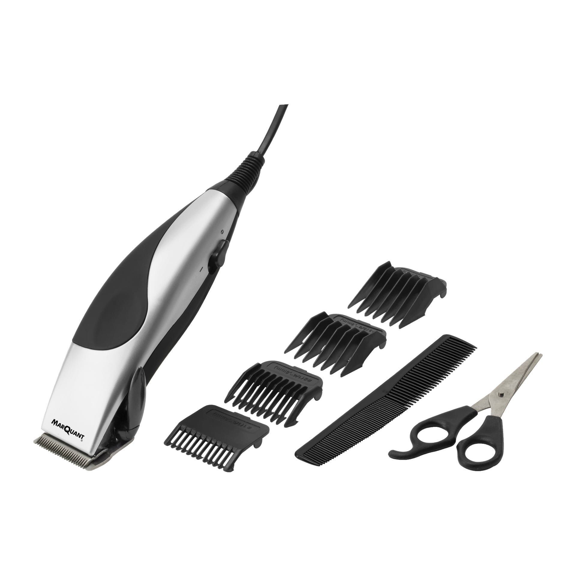 Marquant Hair Clipper oli esillä yhdessä neljän kiinnityskamman, mustakahvaisten saksien ja mustan kamman kanssa, kaikki siististi aseteltuina. Leikkuri on kytketty niin, että sen johto näkyy silmiin.