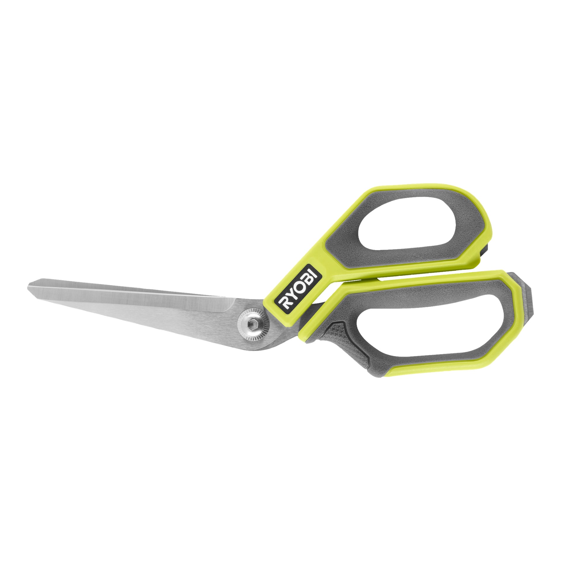 Ryobi Scissors RHCSS01 ha rostfria stålblad och ett ergonomiskt handtag med grå och neongröna detaljer.