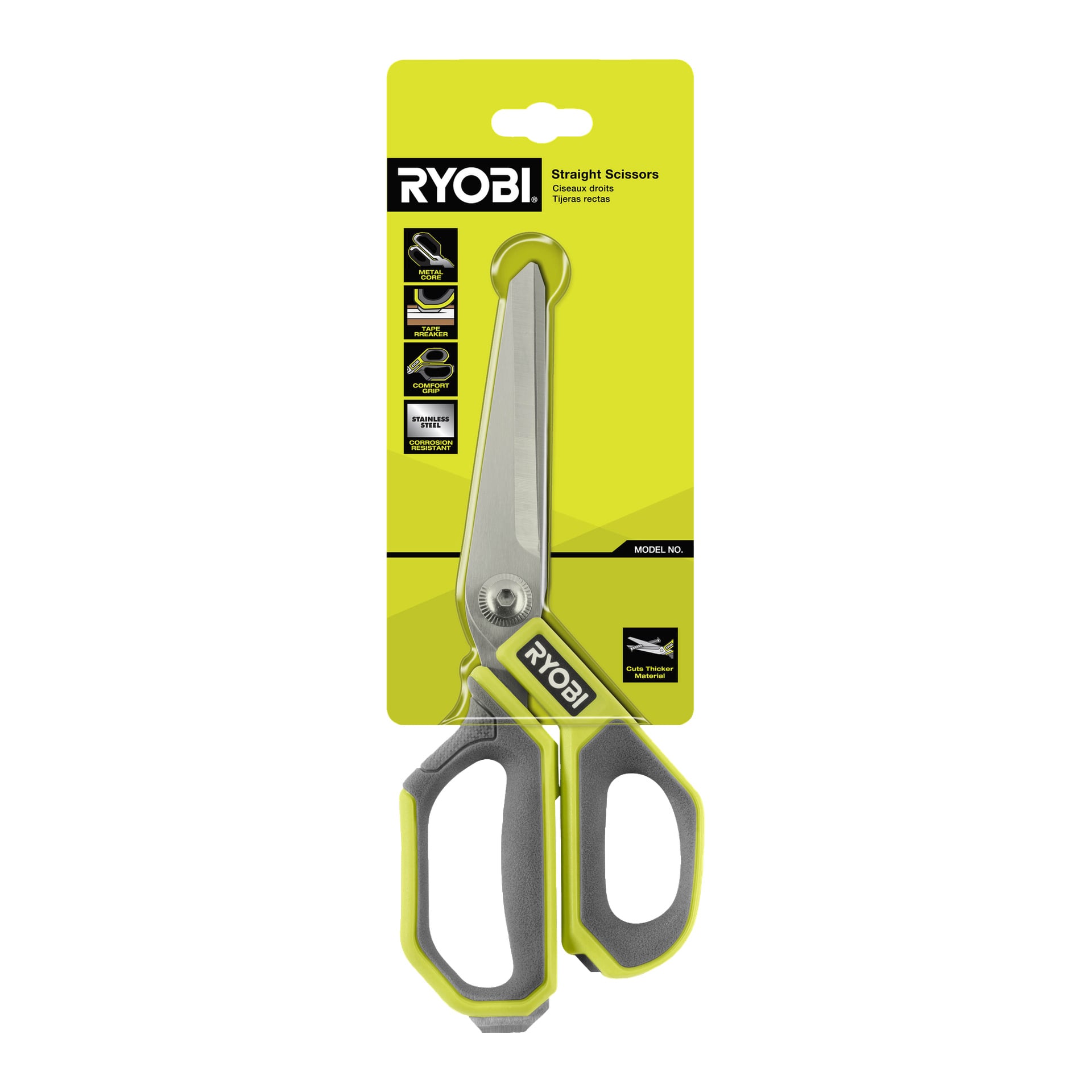 Gröna och grå Ryobi-RHCSS01 saxar visade i plastförpackningar fästa på en gul och grön kartongbaksida med Ryobi-märke, med produktinformation och illustrationer.