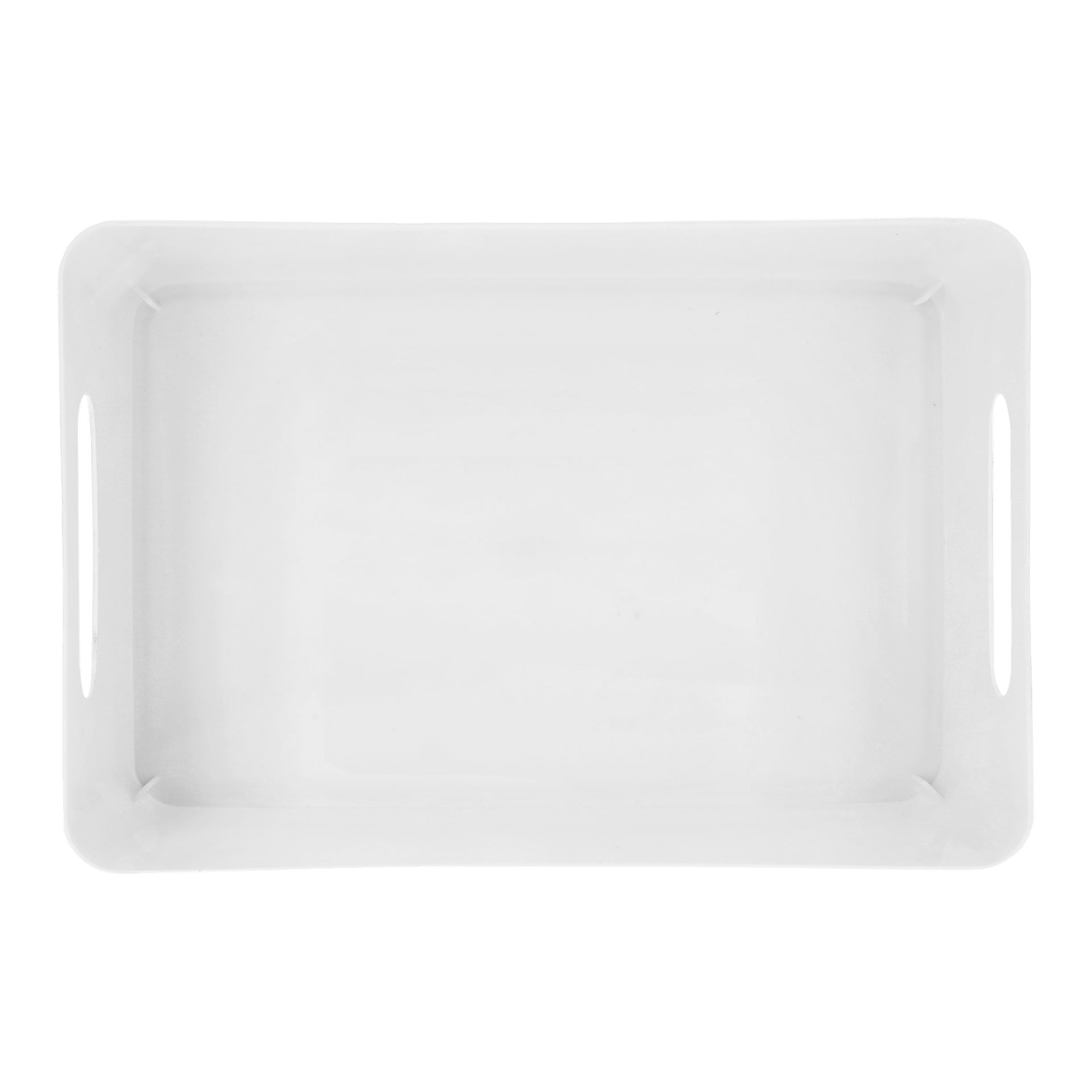 En enkel rektangulär vit Hard Head Storage Box med plastlock, designad med något upphöjda kanter och handtagsspår på de kortare sidorna. Lådan är tom.