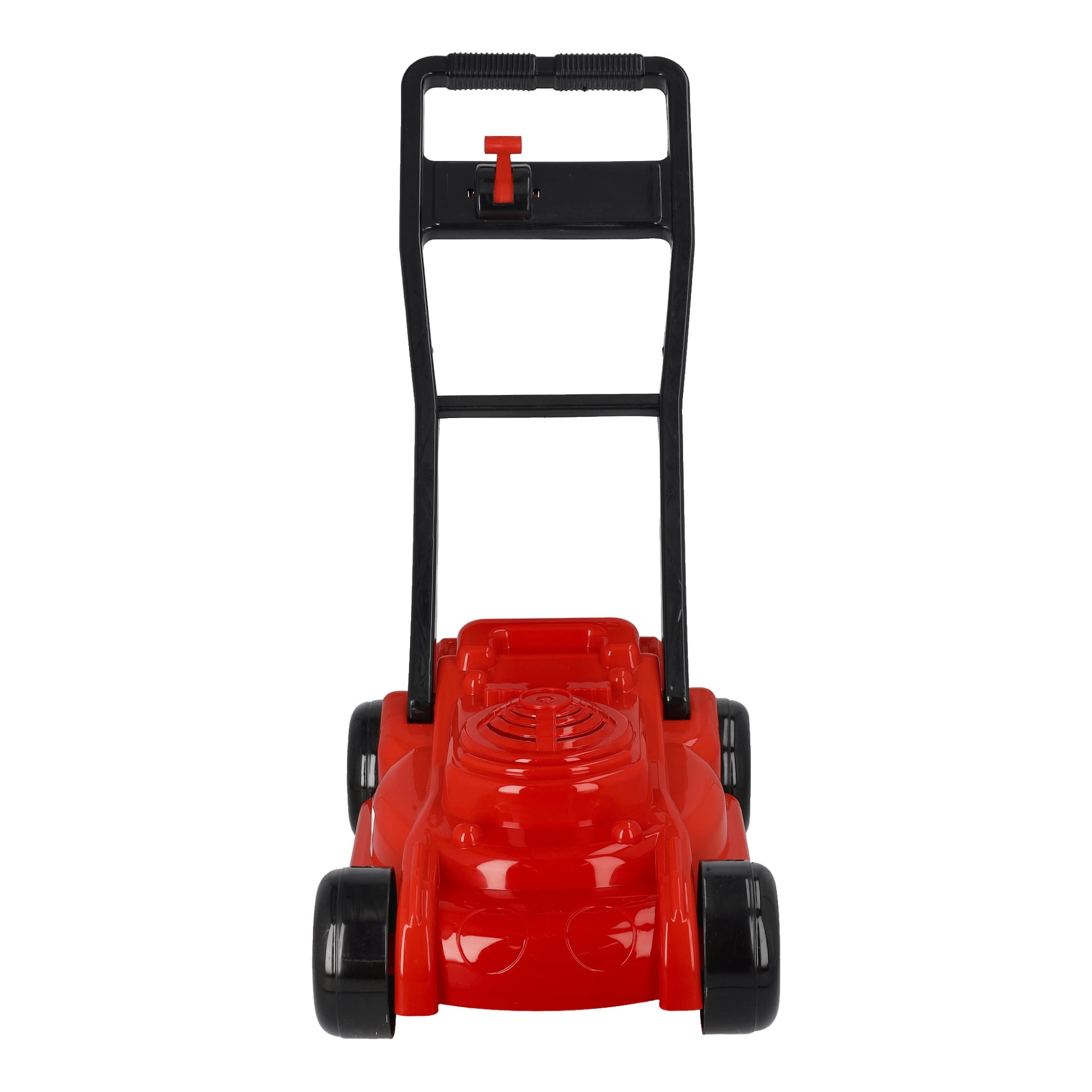 En Kayoba leksaksgräsklippare med röd och svart färgskala, fyra hjul, ett tryckhandtag och en låtsasmotor på toppen.