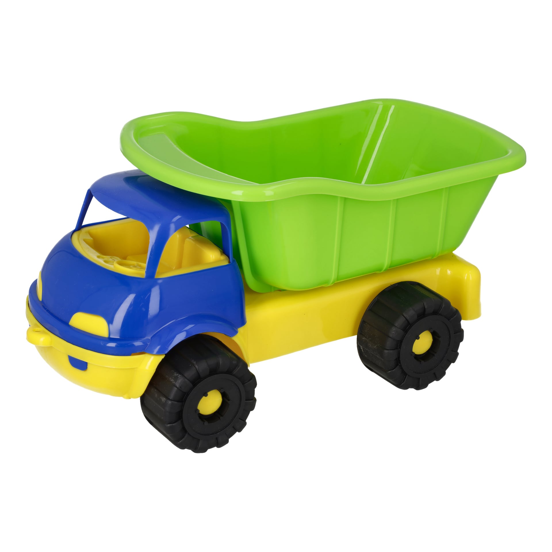 Ein Plastik-Kayoba-Spielzeugkipper-Set mit 7 Teilen, das eine blaue Kabine, ein gelbes Fahrwerk, schwarze Räder und eine übergroße grüne Ladefläche zum Transport kleiner Spielzeuge zeigt.