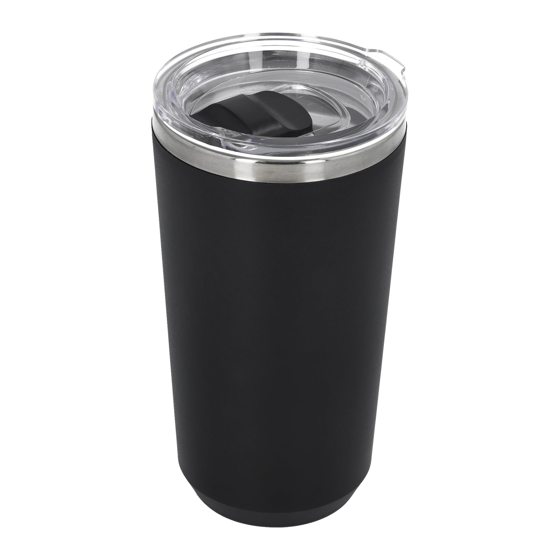 En svart Kayoba Thermos-mugg i rostfritt stål med ett genomskinligt plastlock med skjutbar lock.