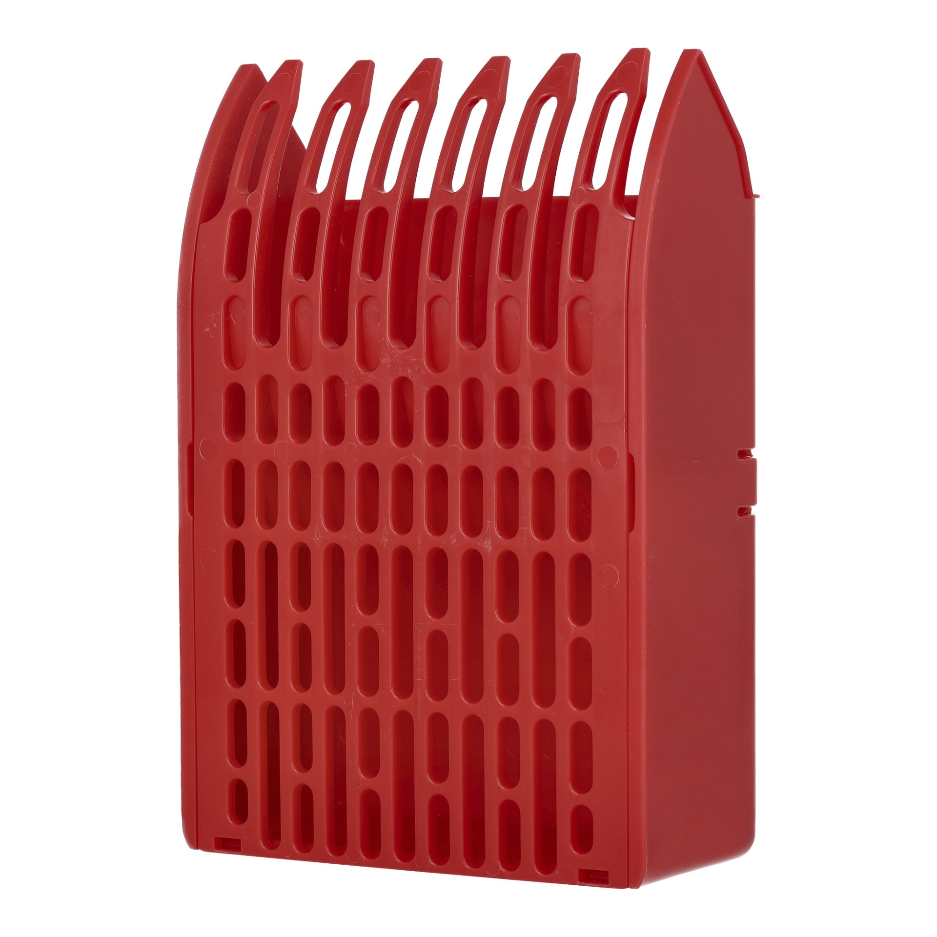 En röd barnbärplockare från Kayoba, designad med vertikala spår och ett rutnät med spetsiga ändar för ventilation eller dränering.
