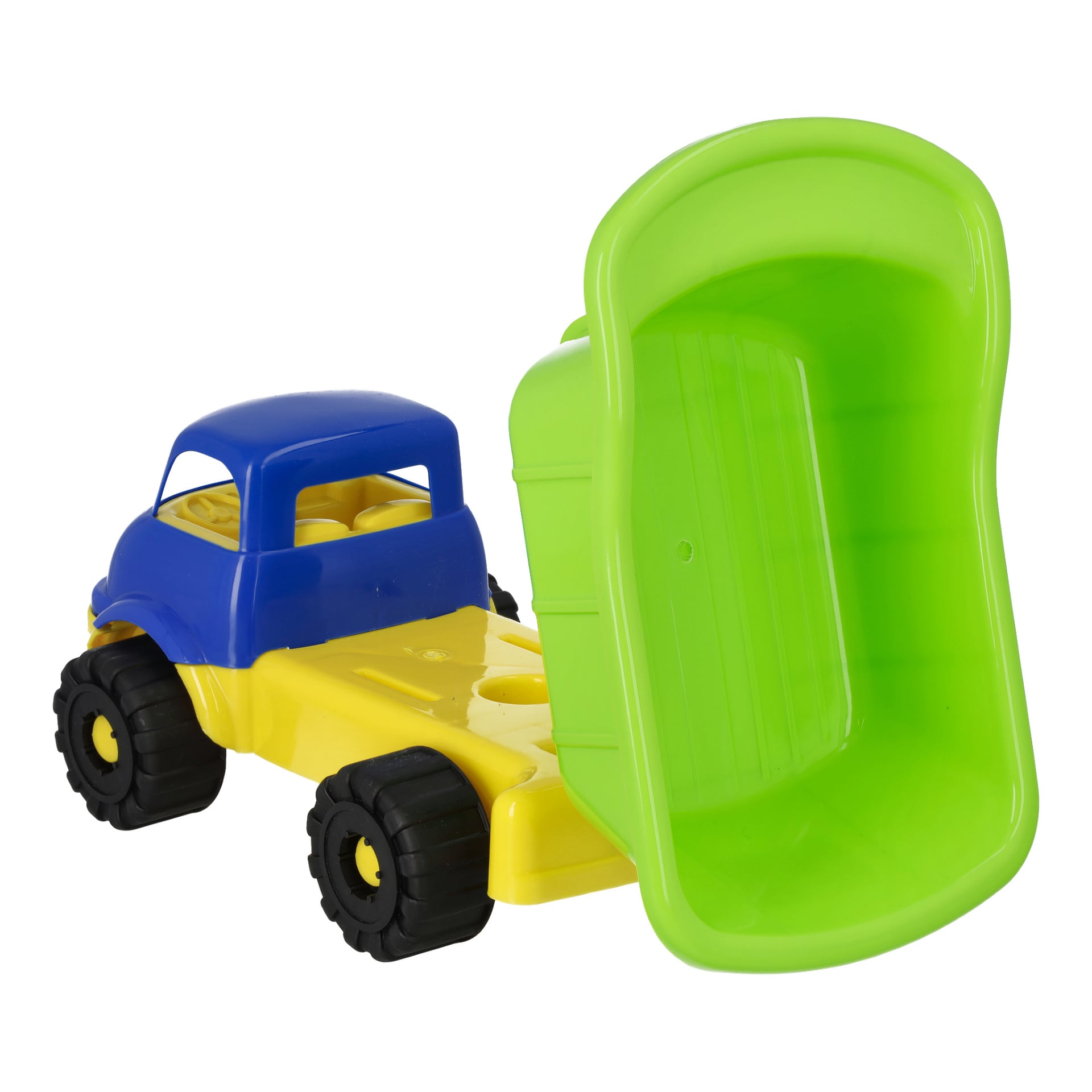 Ein Kayoba "Truck with toys 7 pieces" Plastikkipper mit blauem Führerhaus, gelbem Fahrgestell, schwarzen Rädern und einem leuchtend grünen, geneigten Kippcontainer.