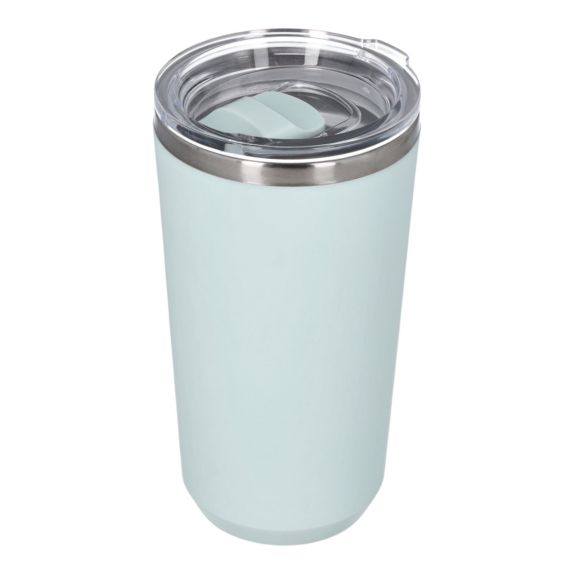 En rostfri Kayoba Thermos-mugg i ljusblått med genomskinlig plastlock och metallkant, stående upprätt och tom.