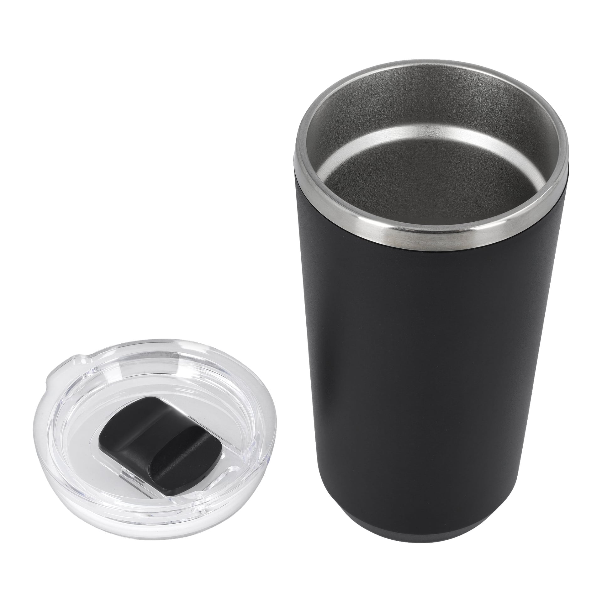 En öppen, tom Kayoba Thermos-mugg av svart rostfritt stål står med sitt genomskinliga plastlock, som har en skjutstängning, placerad bredvid.