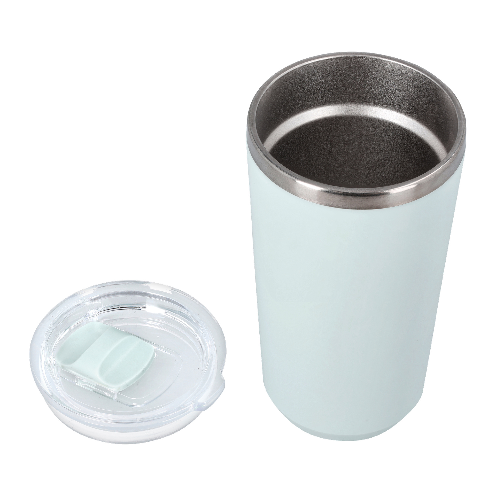 En Kayoba Thermos-mugg med ljusblå finish står bredvid sitt transparenta plastlock, som har skjutstängning. Tumblern är öppen och visar dess tomma insida i rostfritt stål.