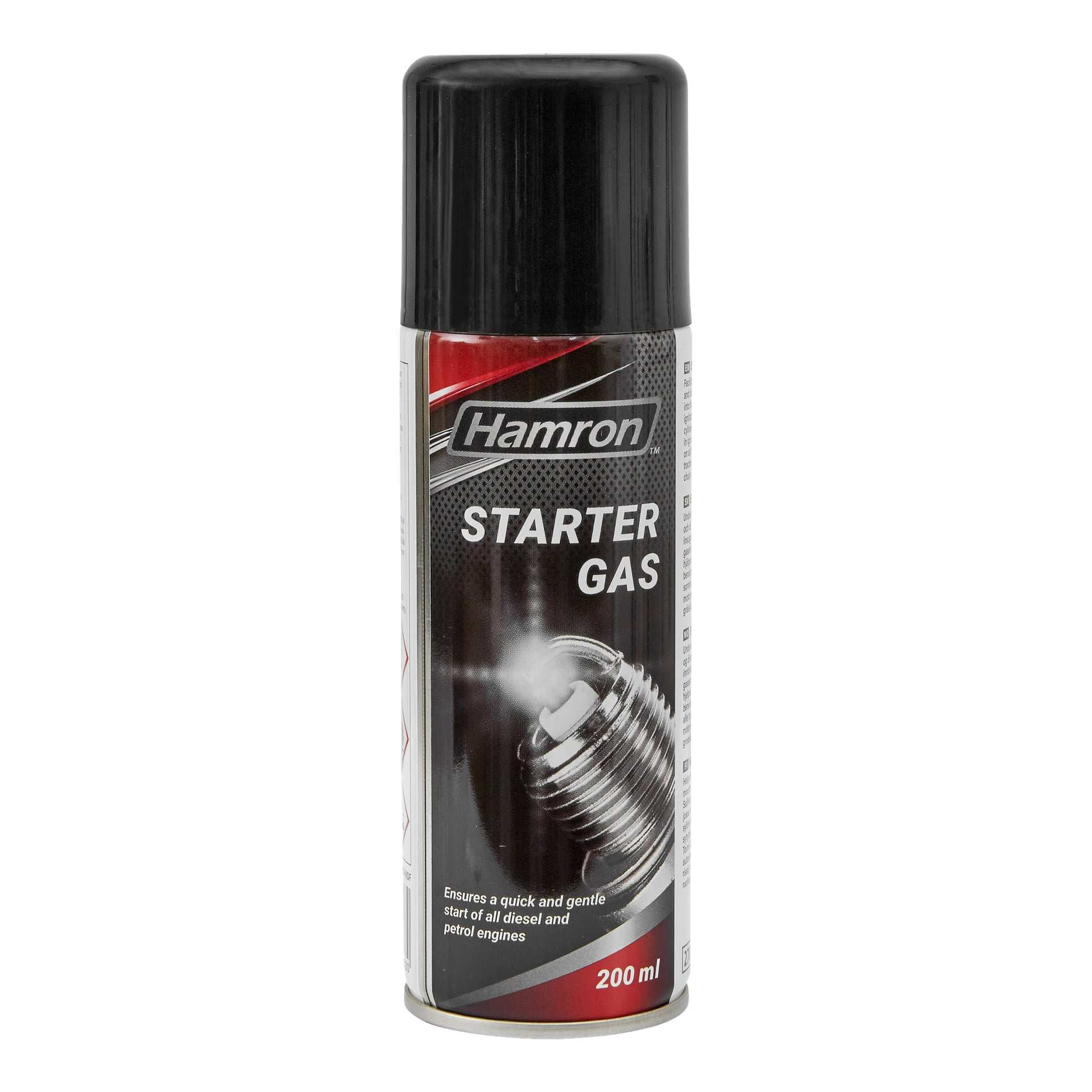 200 ml Hamron Starter Gas -purkki, jossa on punainen ja harmaa kuvio, päällä musta korkki ja etiketissä sytytystulpan kuvitus. Etiketti osoittaa, että se on tehokas kaikkien diesel- ja bensiinimoottorityyppien käynnistämiseen.