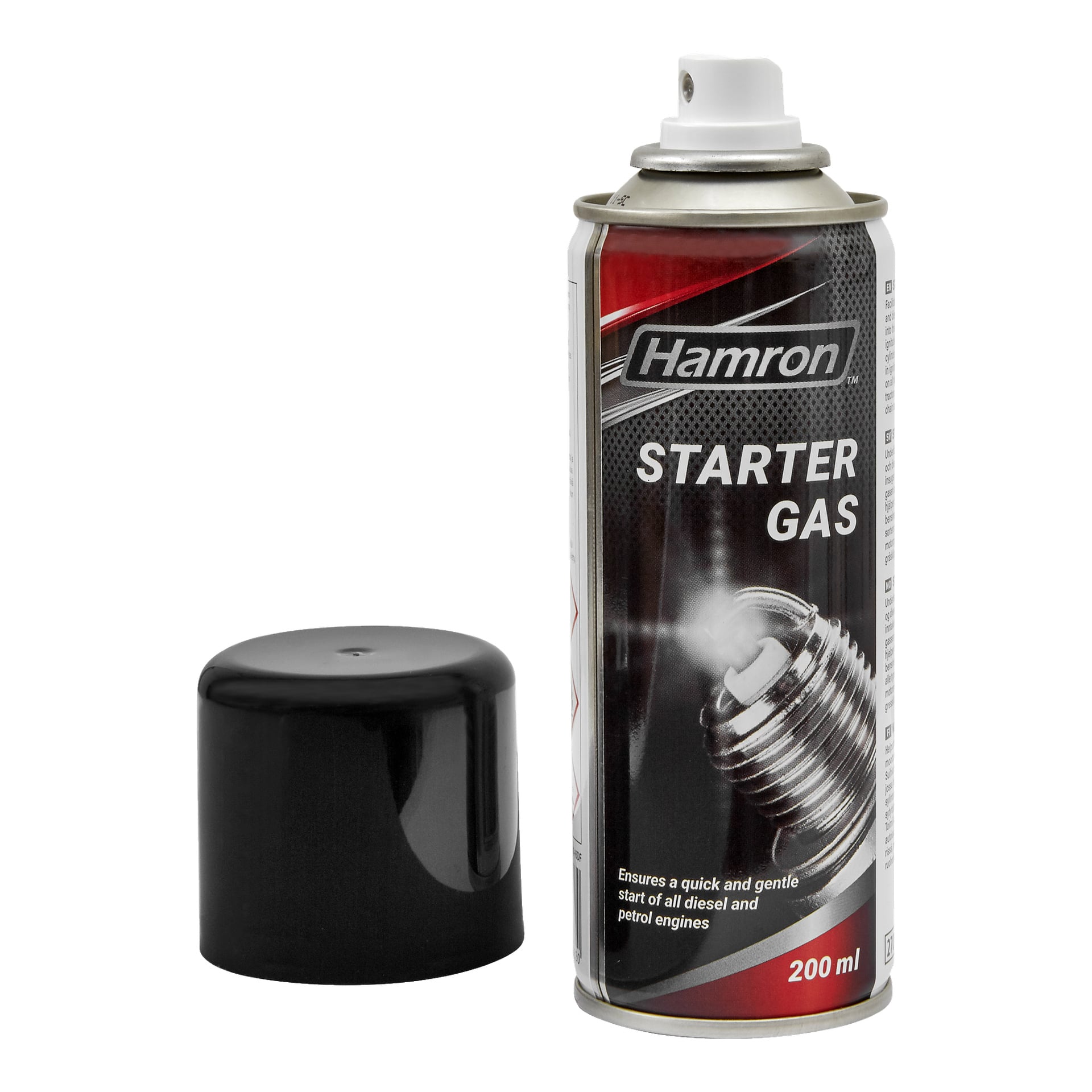 Hamron Starter -kaasukanisteri on musta korkki asetettuna sen viereen. Etiketissä on kuva sytytystulpasta ja kerrotaan, että tuote on tarkoitettu diesel- ja bensiinimoottoreiden käyttöön.