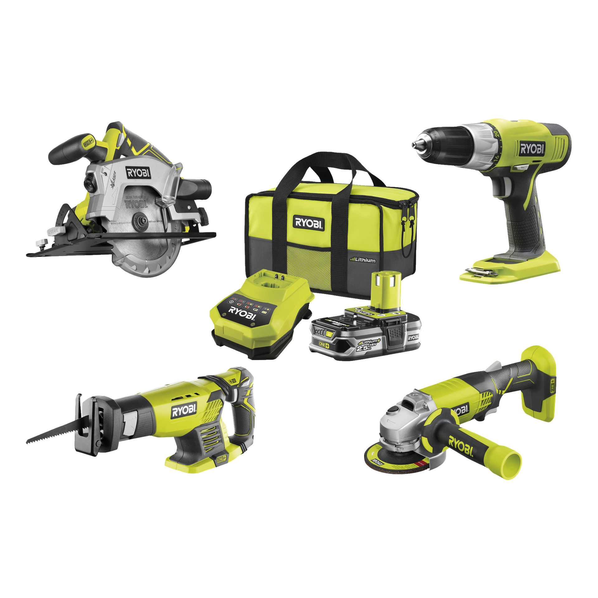 Ryobi elektrisk verktøysett med sirkelsag, batteribor, stempelsag, vinkelsliper, lader, to batterier og en pose.