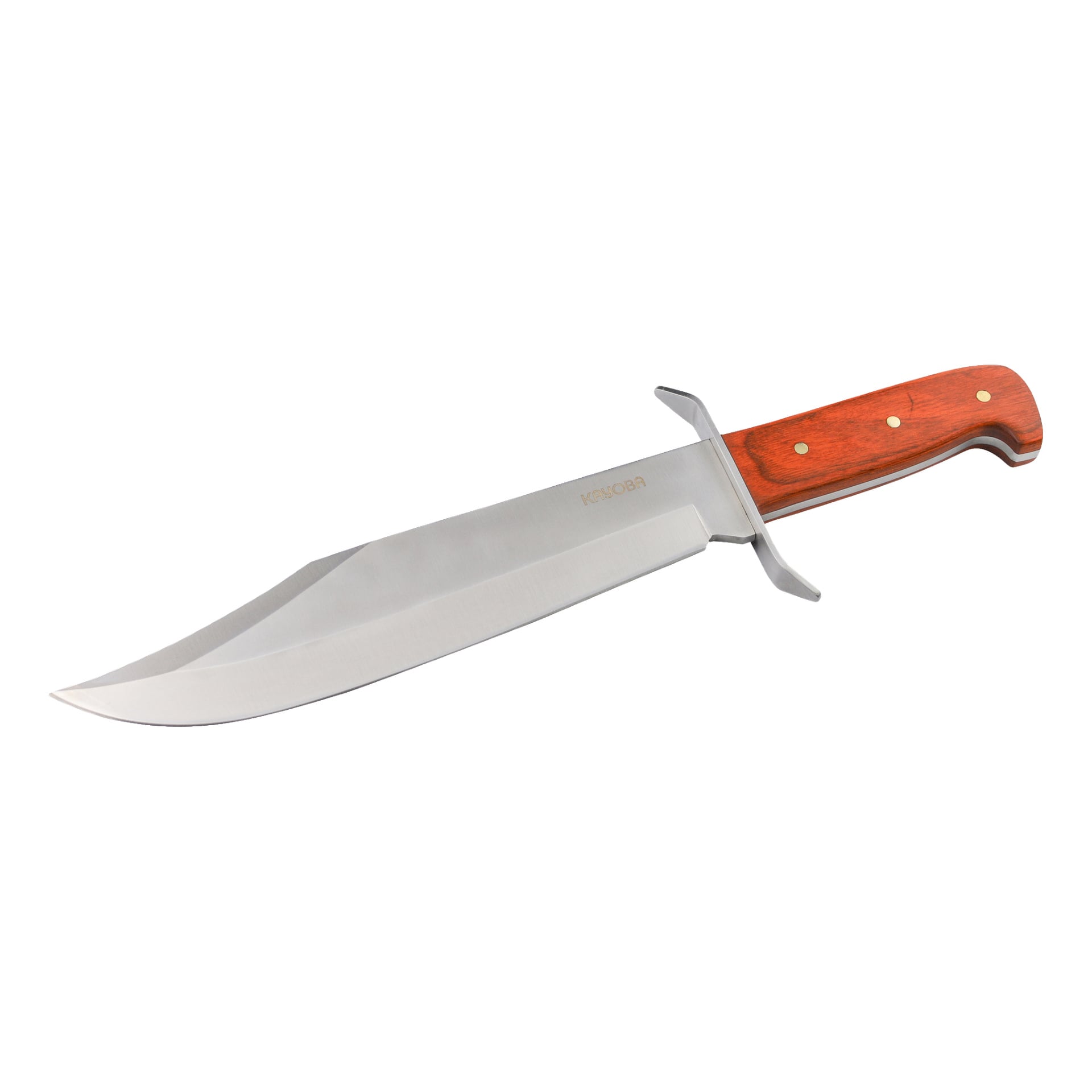 En stor Bowie-kniv från Kayoba Outdoor med ett glänsande metallblad med fast blad, ett skyddande handskydd och ett slätt trähandtag säkrat med tre nitar.