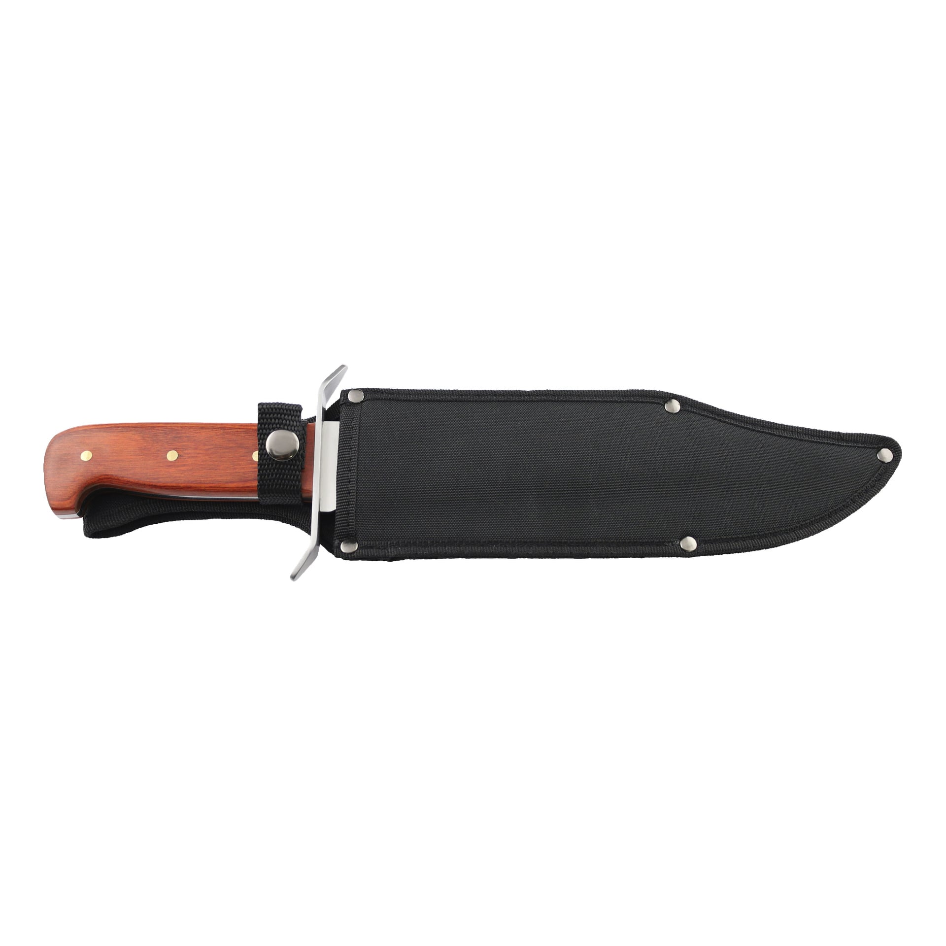 En Kayoba Outdoor Bowie-kniv med trähandtag visas delvis inuti ett svart nylonhölje, fäst med en knapprem. Metallnitar förstärker kanterna på höljet.