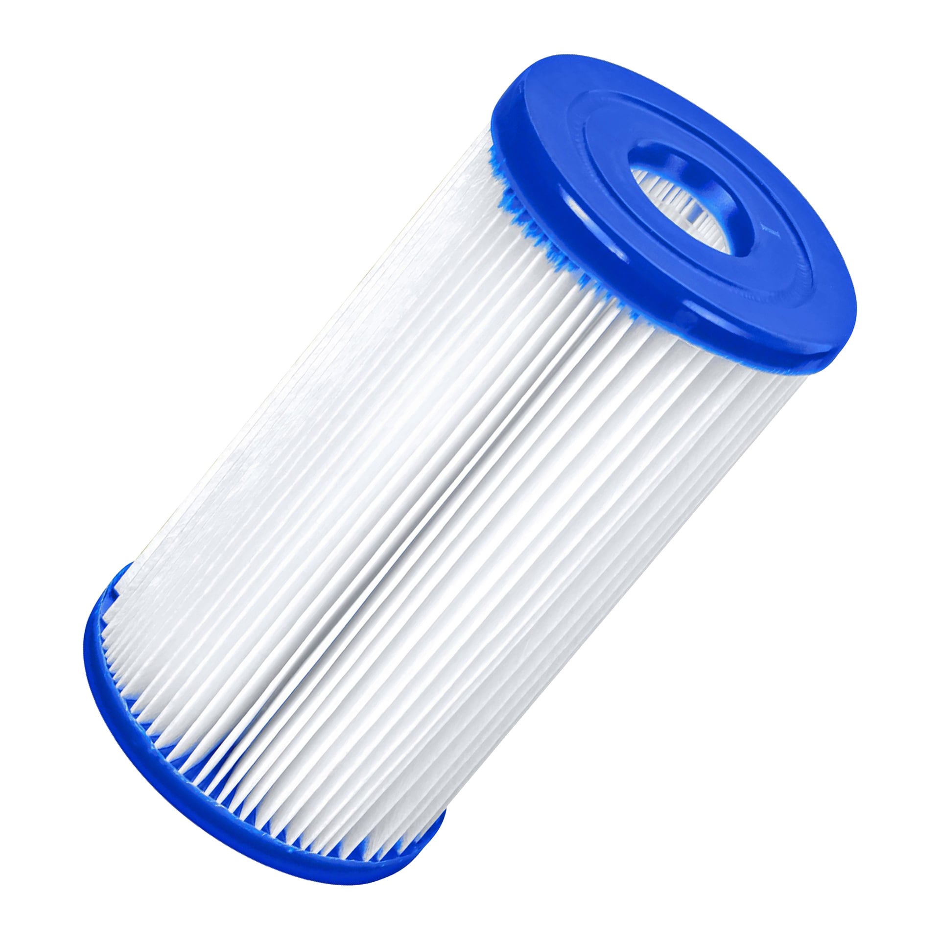 Pokazano wkład filtrujący basen Bestway z niebieskimi plastikowymi zakrętkami. Filtr cylindryczny ma pusty rdzeń i równomiernie rozmieszczone fałdy, zaprojektowane dla efektywnej filtracji.