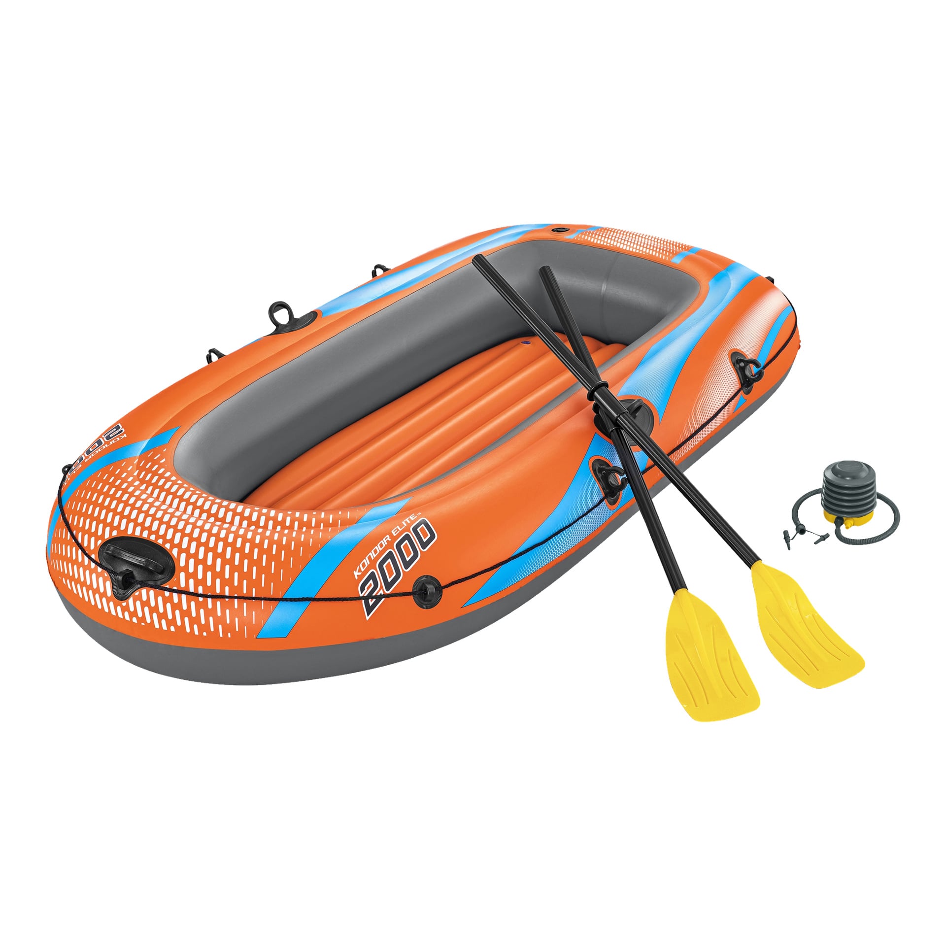 Bestway Inflatable-båten Kondor 2000, med en orange och grå kaross accentuerad av blå detaljer, visas tillsammans med två svarta åror med gula blad och en svart fotpump.