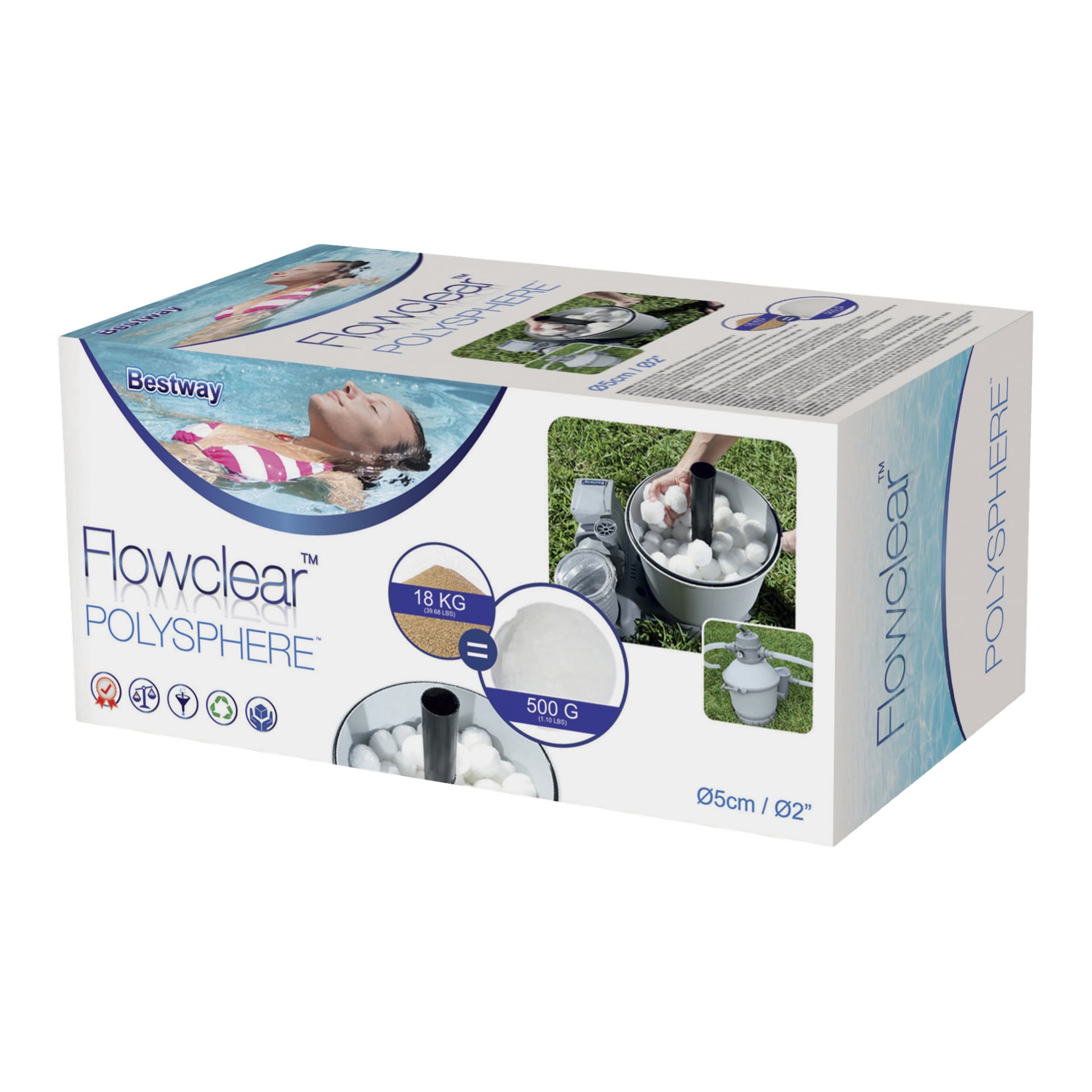 Opakowanie piłek filtrujących Bestway Flowclear Polysphere zawiera obraz pływającej kobiety, zdjęcia kulek filtrujących oraz ilustrację pokazującą, że 18 kg piasku odpowiada 500 g Polysphere. Pudełko prezentuje także kluczowe cechy produktu oraz szczegóły techniczne.