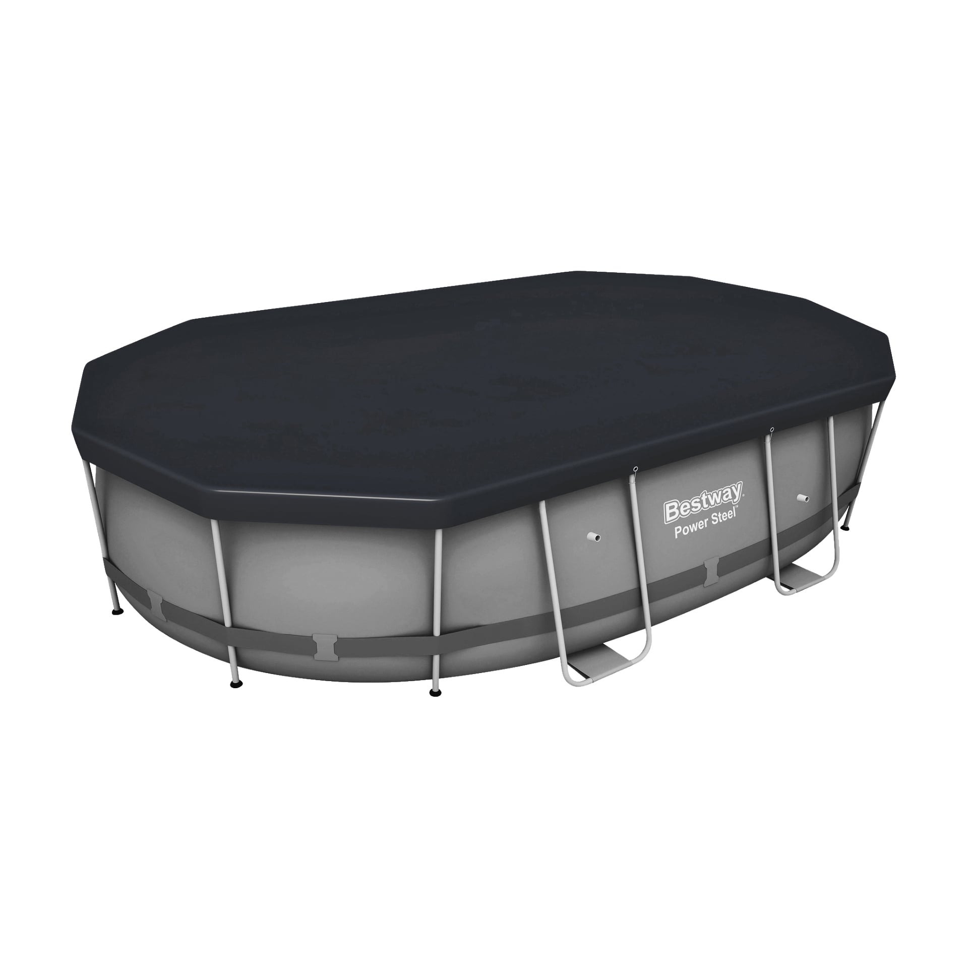 Eine Bestway-Poolabdeckung wird über einem oberirdischen ovalen Pool mit einem Metallstützrahmen angebracht. Das Bestway-Logo erscheint an der Seite des Pools.