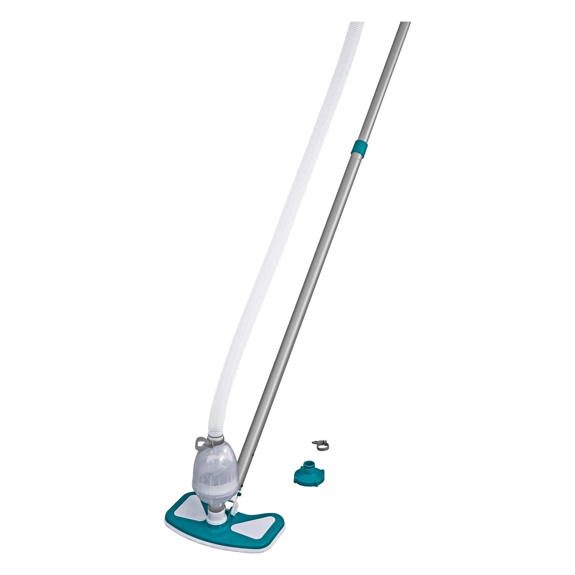Bestway AquaClean poolrengöringsset inkluderar ett teal- och vitt dammsugarhuvud med en transparent kammare, ett förlängt metallhandtag, en flexibel slang och två avtagbara kontakter placerade bredvid dammsugaren.