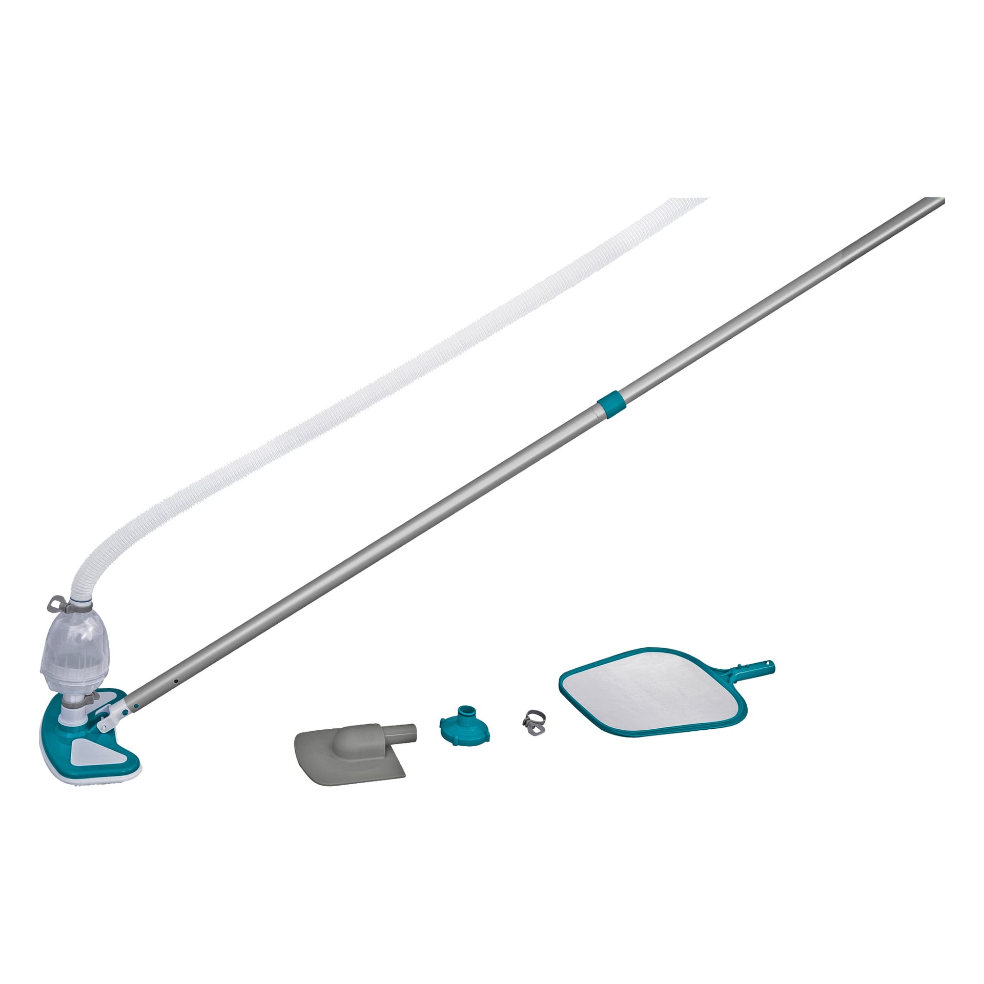 Bestway AquaClean Cleaning Set för pooler visas, inklusive en lång stång med slang och dammsugartillbehör, borsthuvud, munstycksadapter, slangring och ett handhållet nätnät.