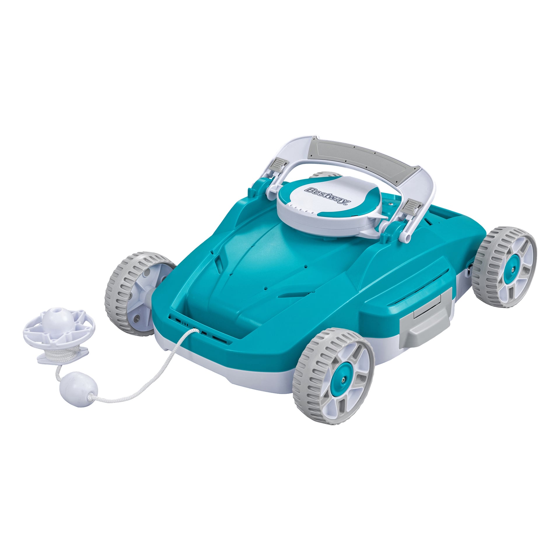 Teal-valkoinen Bestway Aquatronix G200 -allasrobotti, jossa on yläkahva, johto, joka yhdistää sen kelluvaan lisävarusteeseen, ja merkki kahvassa.