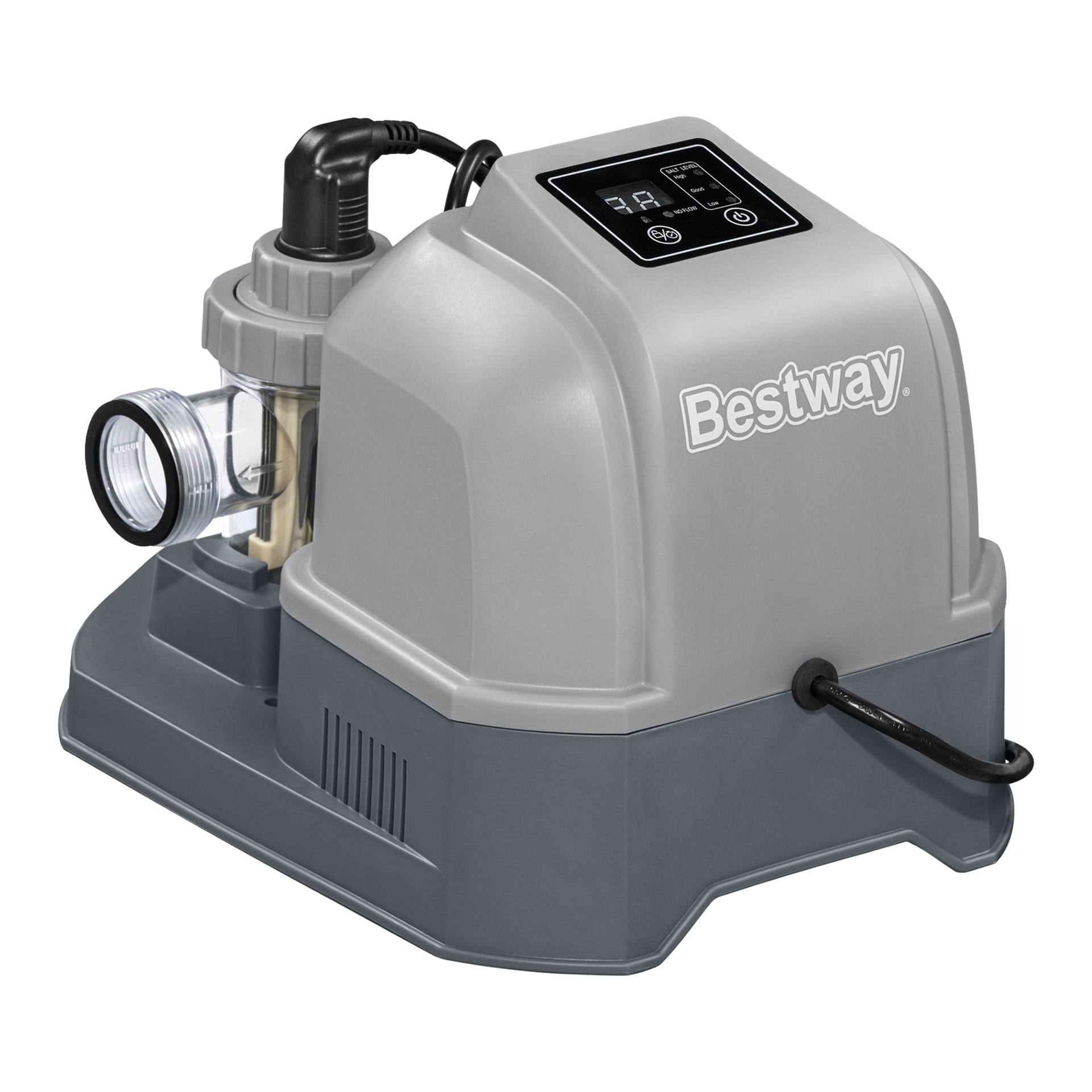 En grå Bestway saltklorator med en transparent slangkontakt, en digital kontrollpanel på toppen och en ansluten strömkabel, vilande på en plan yta.