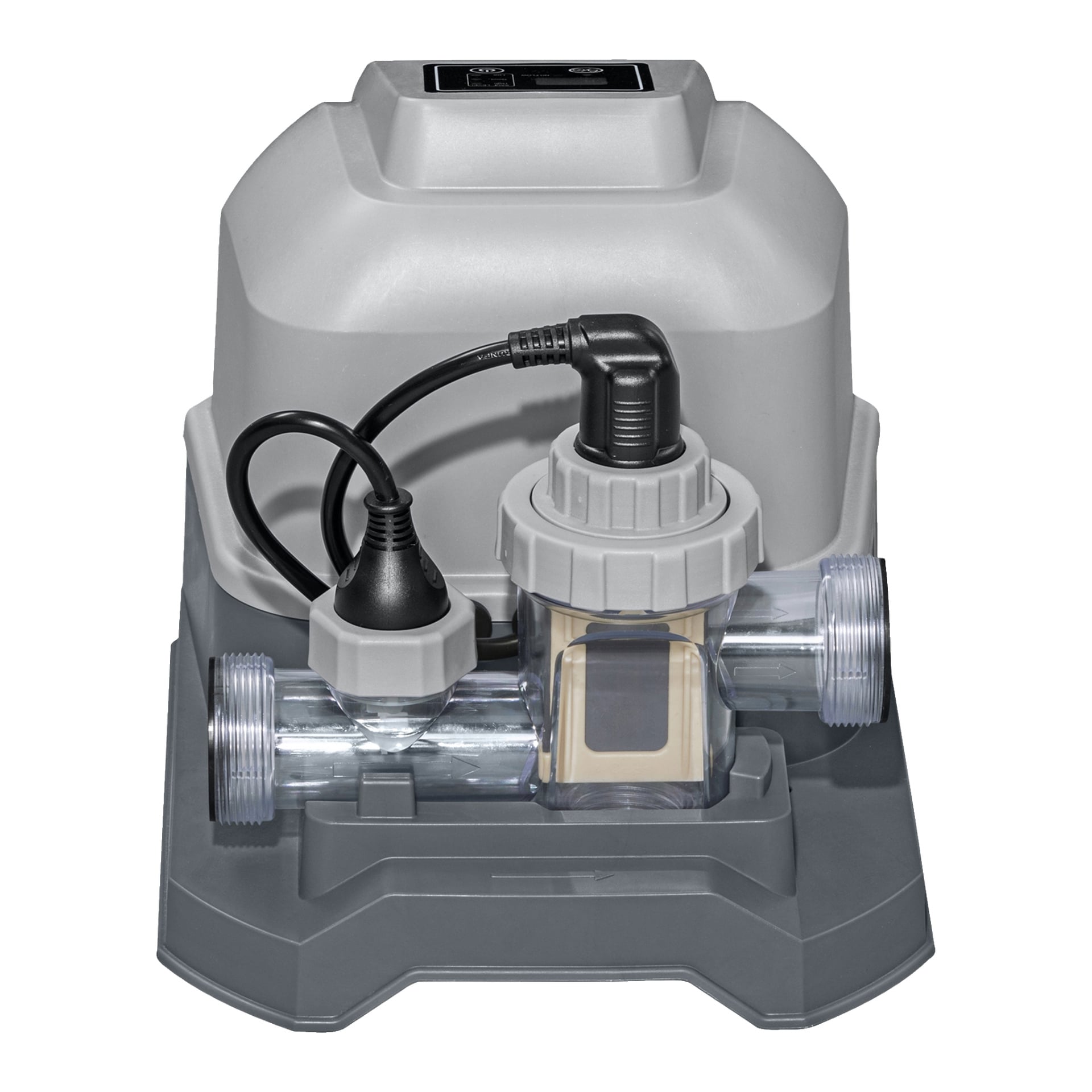 En grå och svart Bestway Salt Chlorinator med en transparent plastcell, synliga kablar och en kontrollpanel sitter på en grå bas, synlig framifrån.