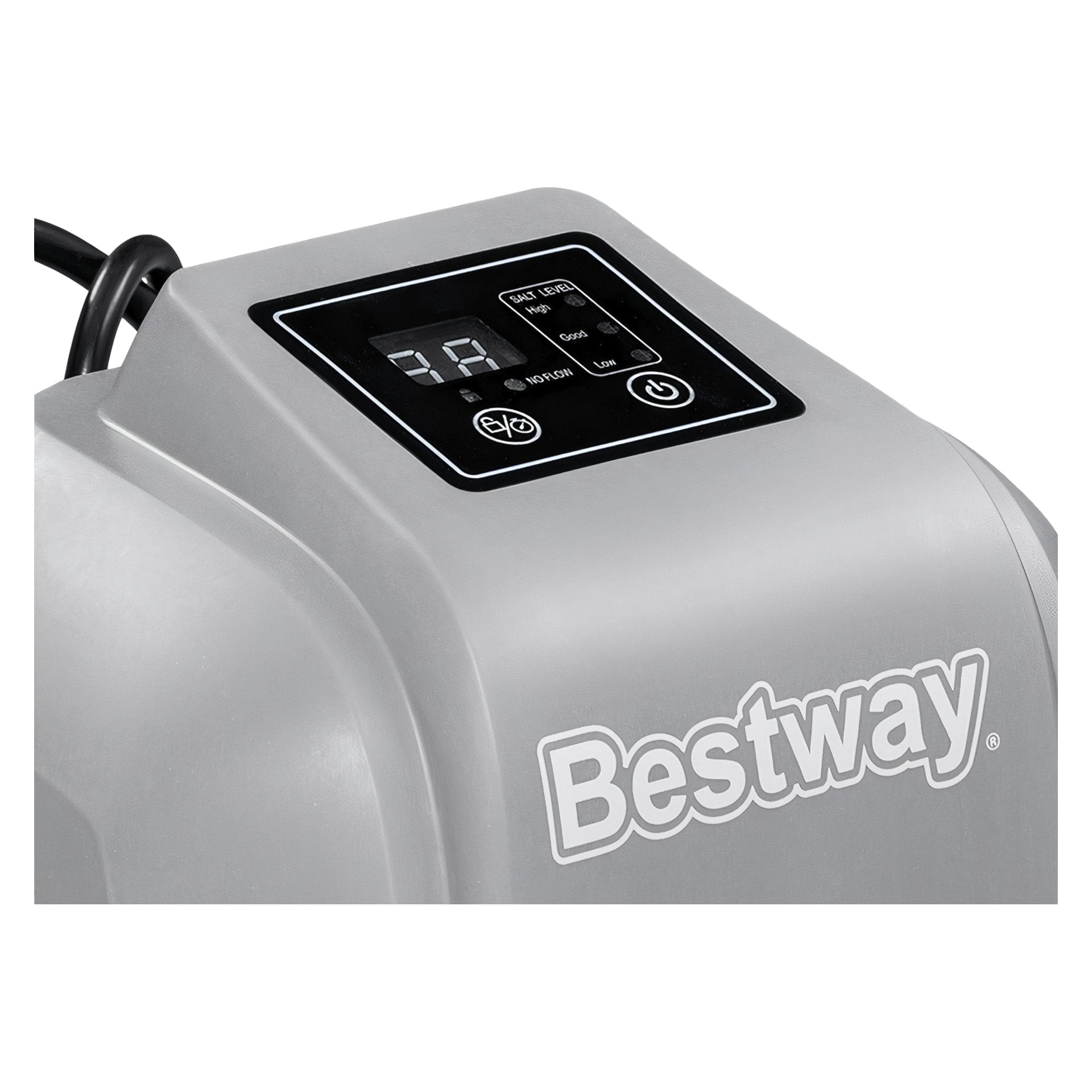 En grå Bestway Salt Chlorinator visas i närbild, som framhäver dess digitala kontrollpanel med flera knappar och en display. Enheten har en slank, böjd design och Bestways logotyp framträder på sidan.