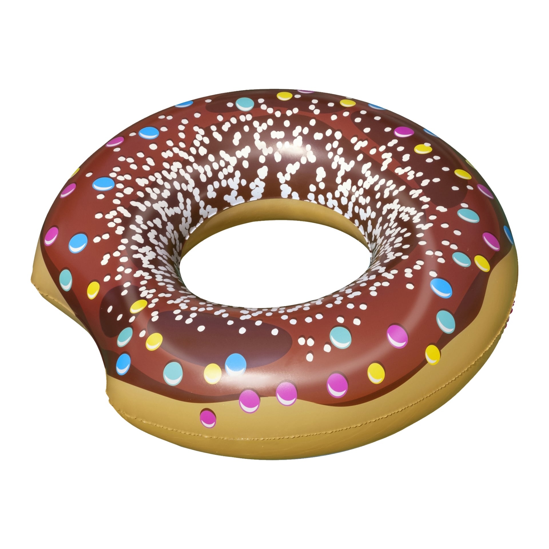 En uppblåsbar poolflottör formad som en munk med en bit borta, dekorerad med chokladglasyr och färgglada strössel.