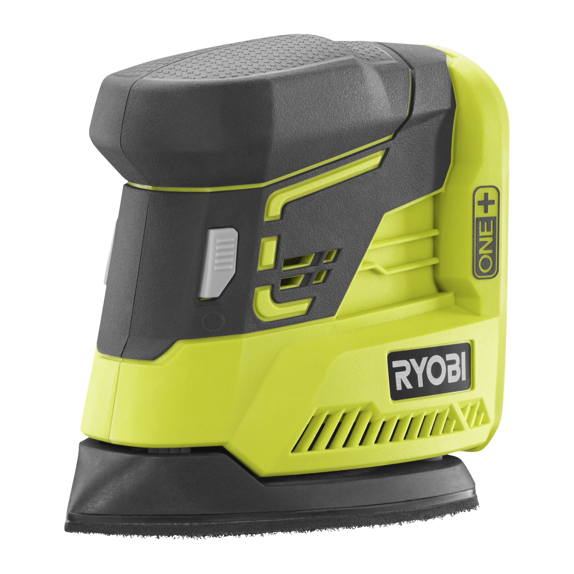 Närbild på en Ryobi handhållen elslipmaskin med grön och svart kropp och ONE+-märkning, lämplig för små slipjobb.