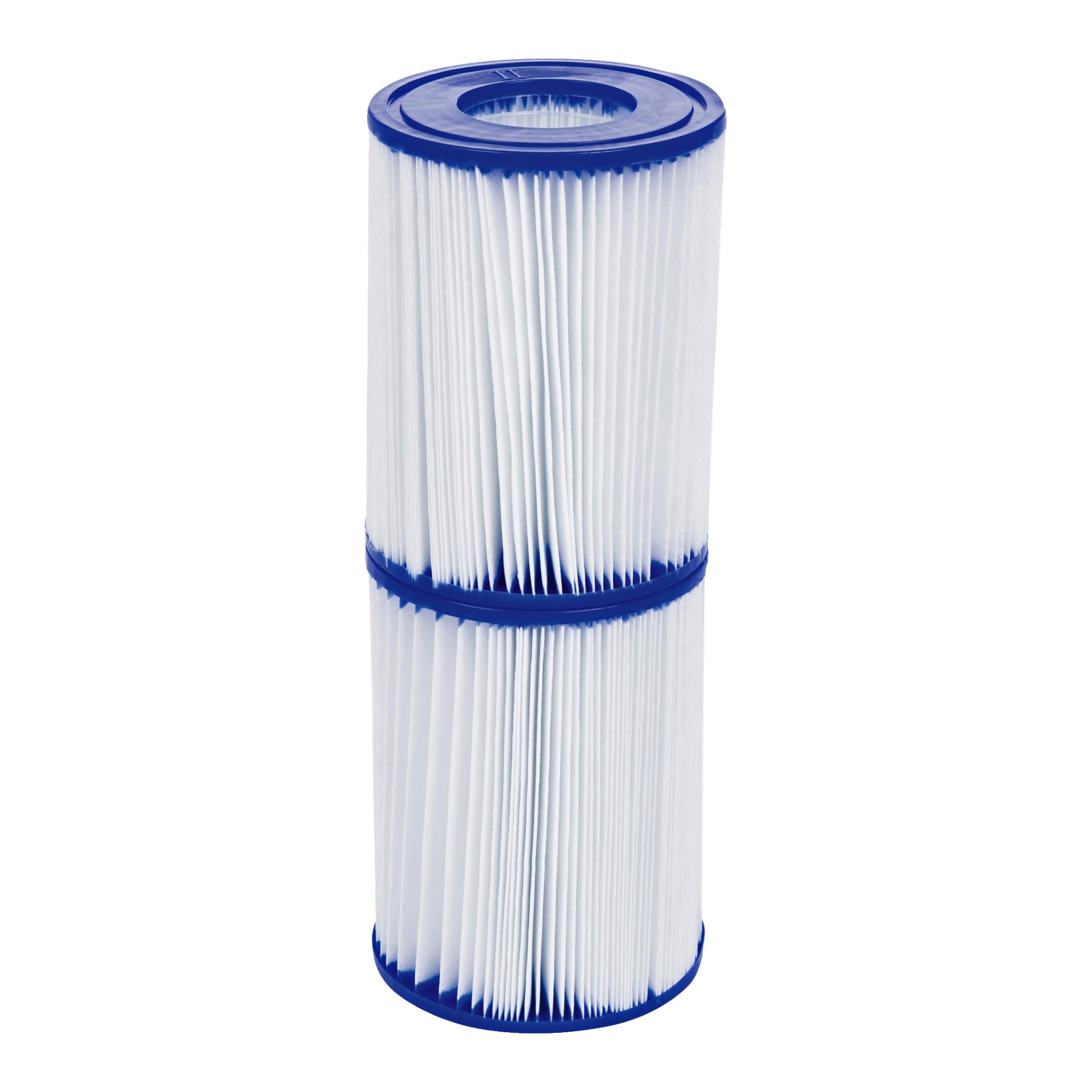 Filtr basenowy Bestway z plisowanym białym, cylindrycznym wkładem i niebieskimi plastikowymi zakrętkami stoi pionowo.