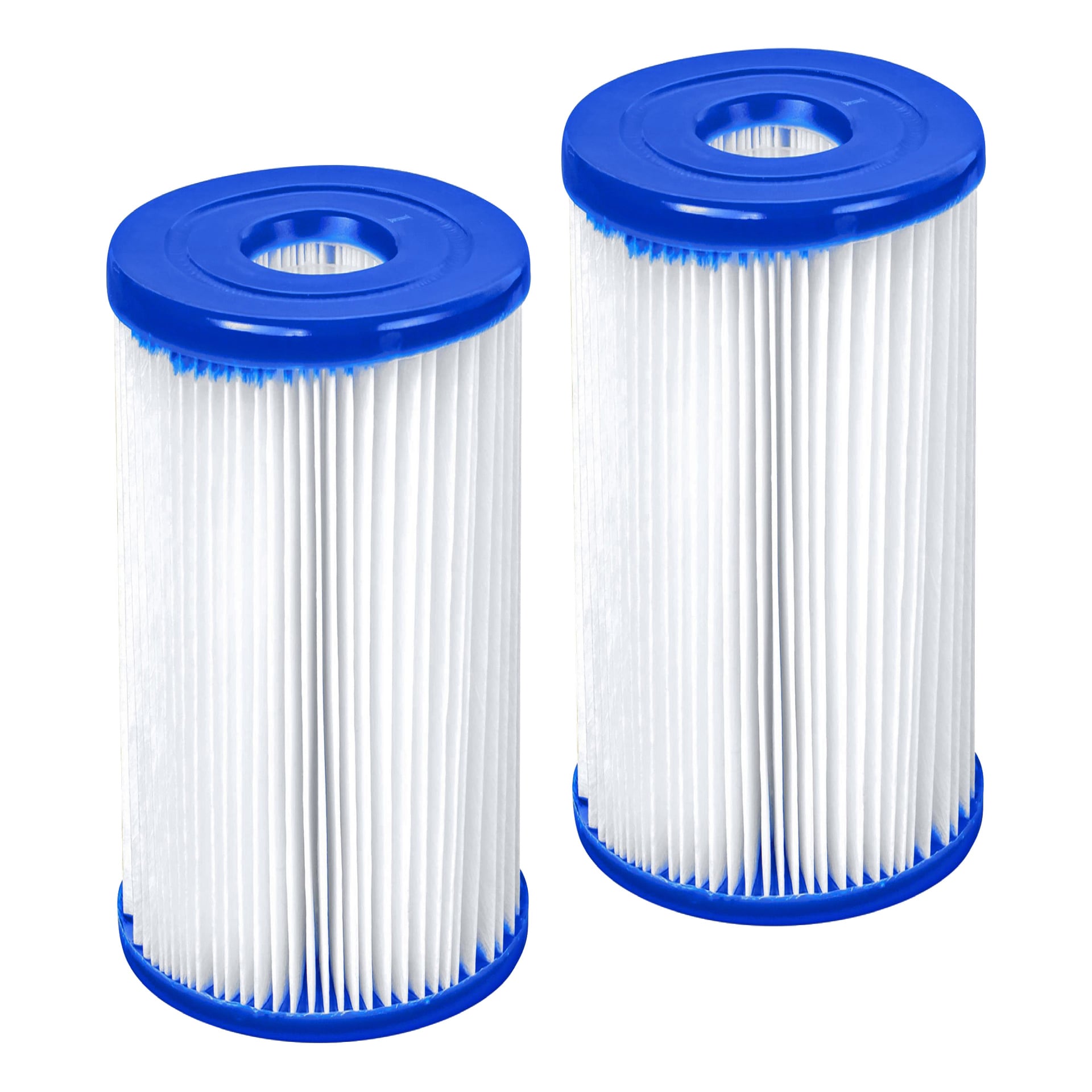 Dwa wkłady filtrów basenowych Bestway o cylindrycznym kształcie, z plisowanym białym materiałem i niebieskimi plastikowymi pokrywkami na obu końcach.