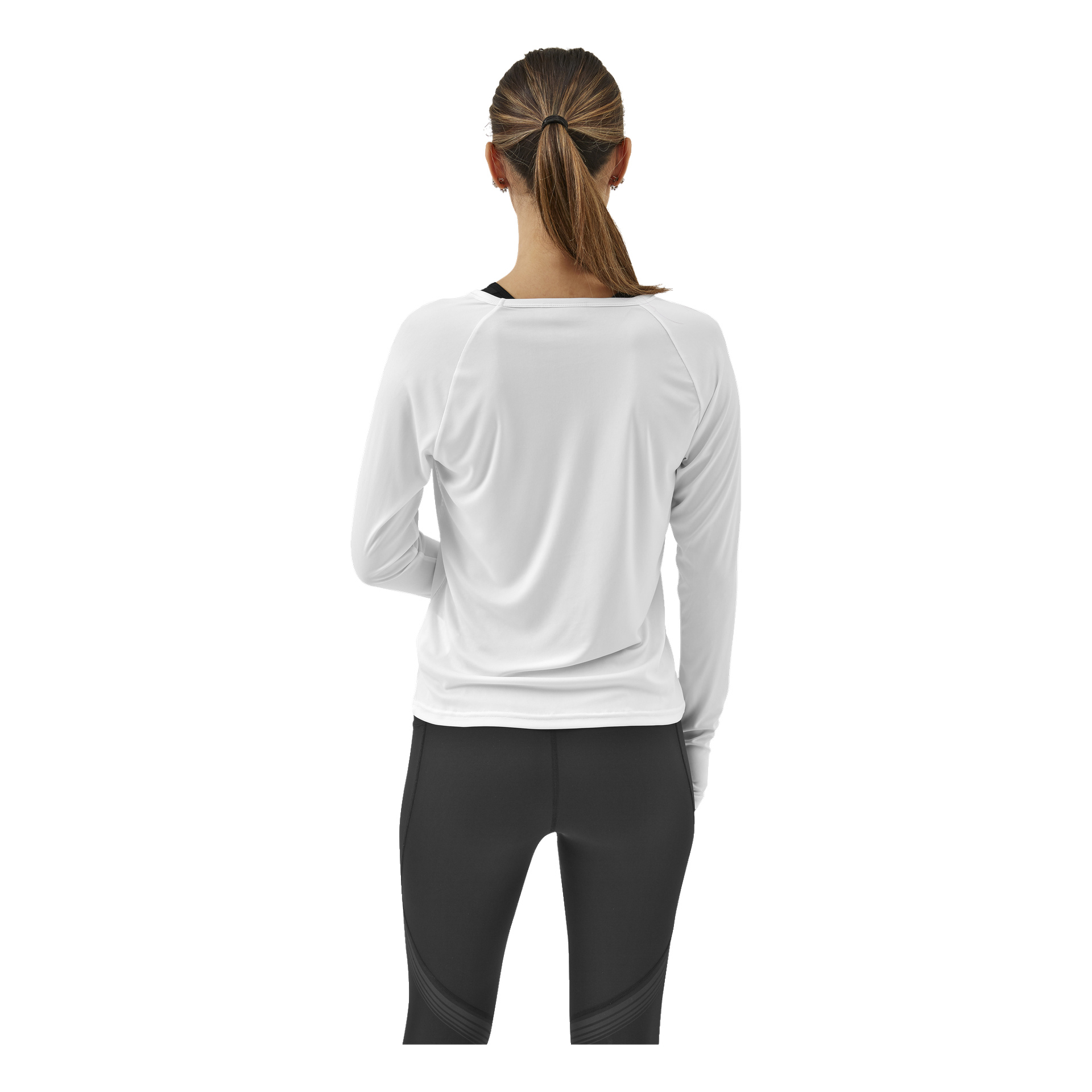 En kvinna med brunt hår i hästsvans syns bakifrån, klädd i Kayoba Women's funktionella topp Atlanta i vita och svarta leggings.