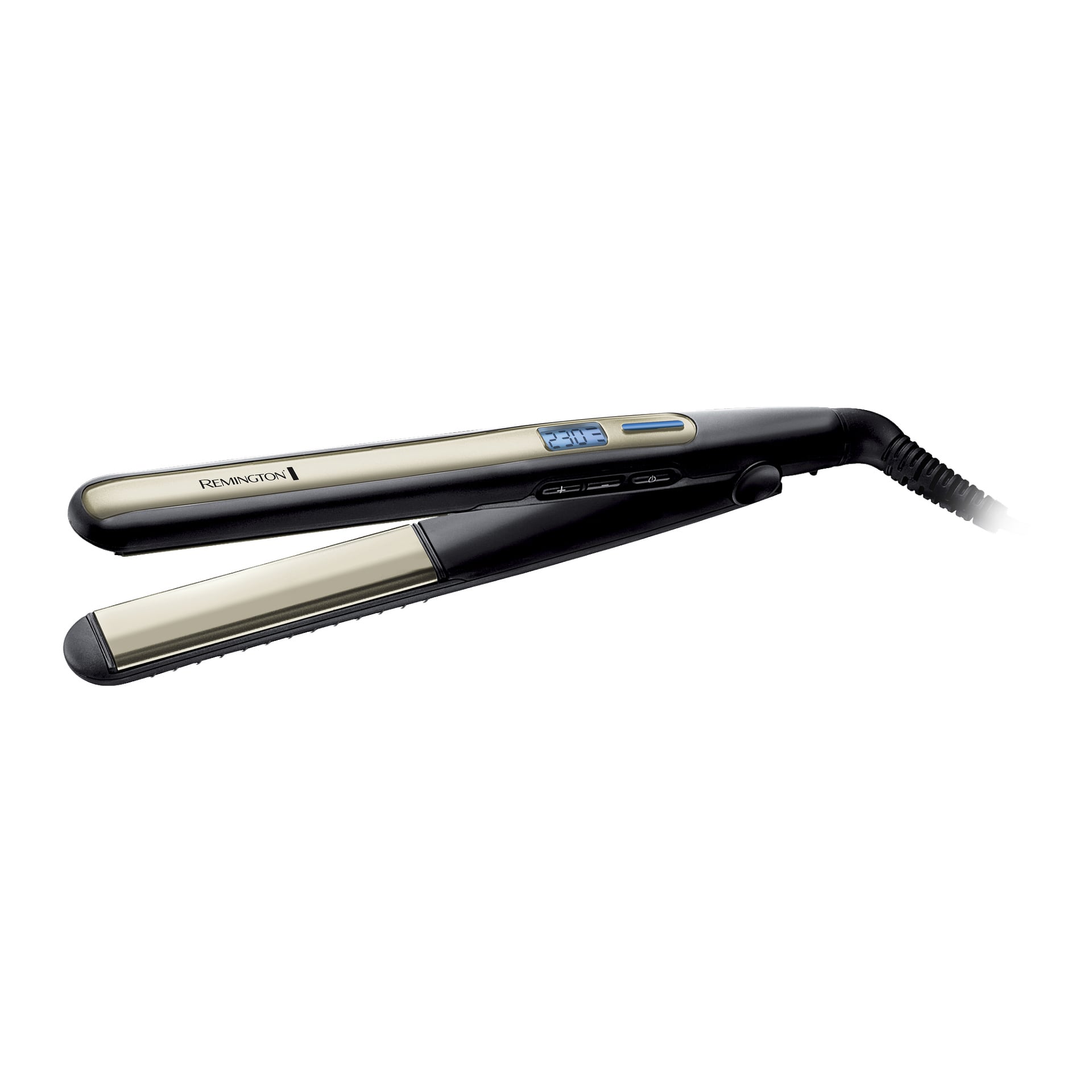 Prostownica do włosów Remington Sleek & Curl S6500 z płytkami w złotych tonach, cyfrowy ekran pokazujący 230°C, trzy przyciski pod wyświetlaczem oraz kabel podłączony do uchwytu.