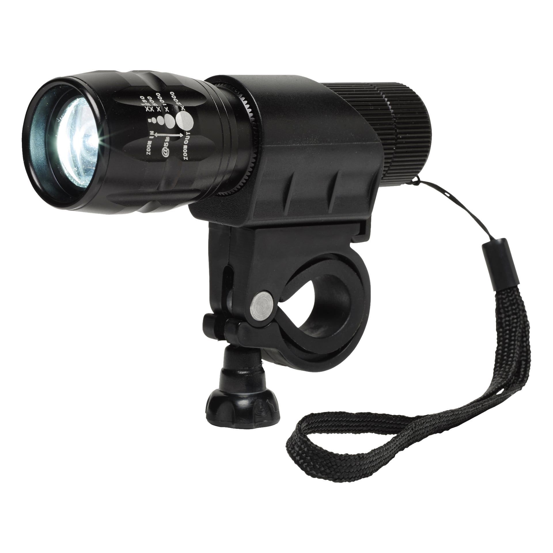 Kayoba Bike lampe LED-fronten er en svart, sylindrisk lommelykt med hvite justeringsmarkeringer, en lysstråle, klemmefeste og en festet håndleddsstropp.