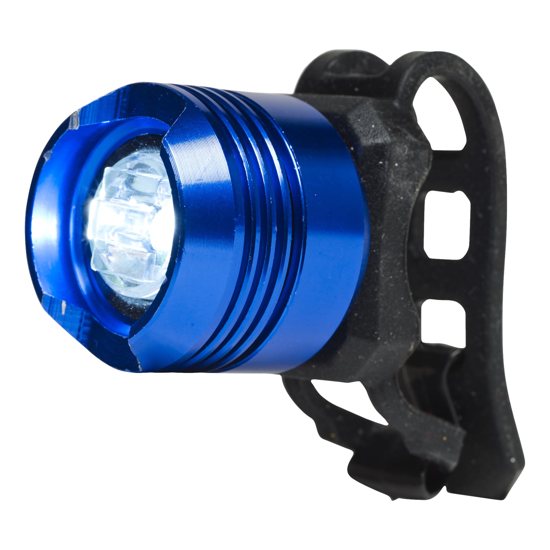 Kayoba Bike-lampans LED-front har en blå metallisk finish, genomskinlig lins och svart gummirem.