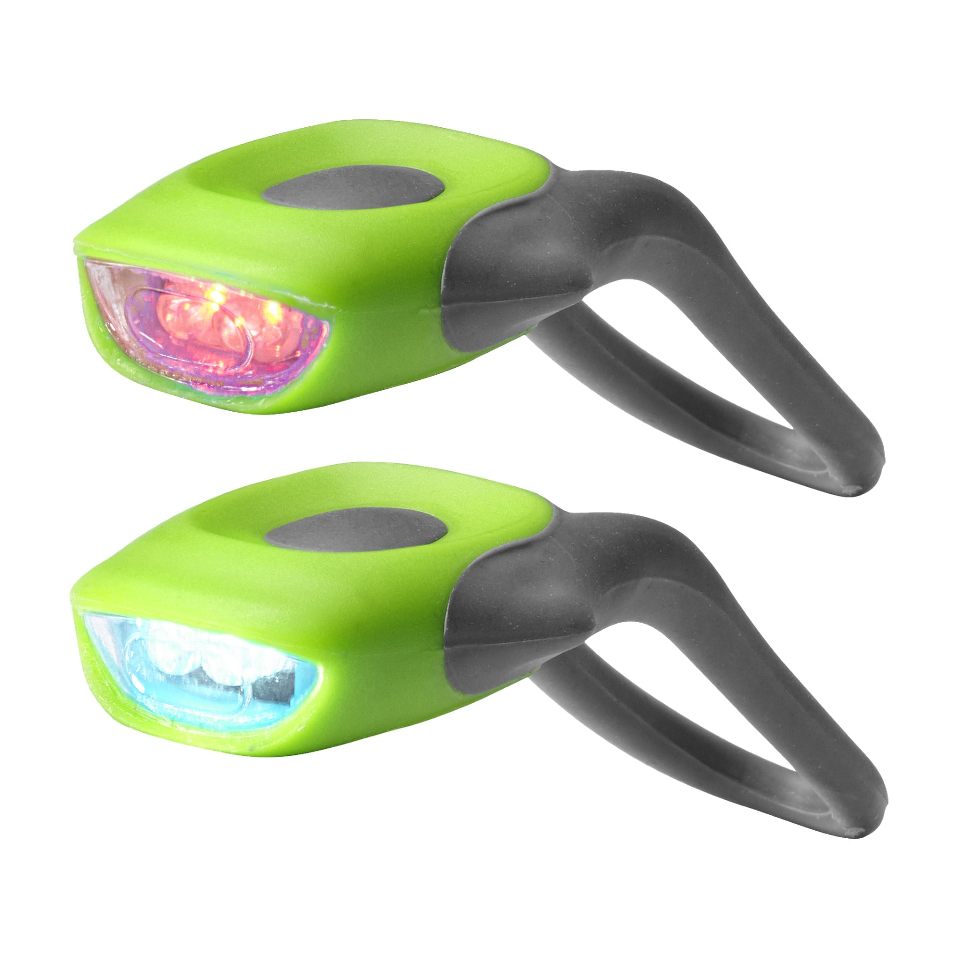 Två Kayoba Bike-lampor med LED fram/bak, i grön och svart silikon, visas – en med rött ljus, en med vitt ljus – båda har flexibla svarta remmar för enkel fäste.