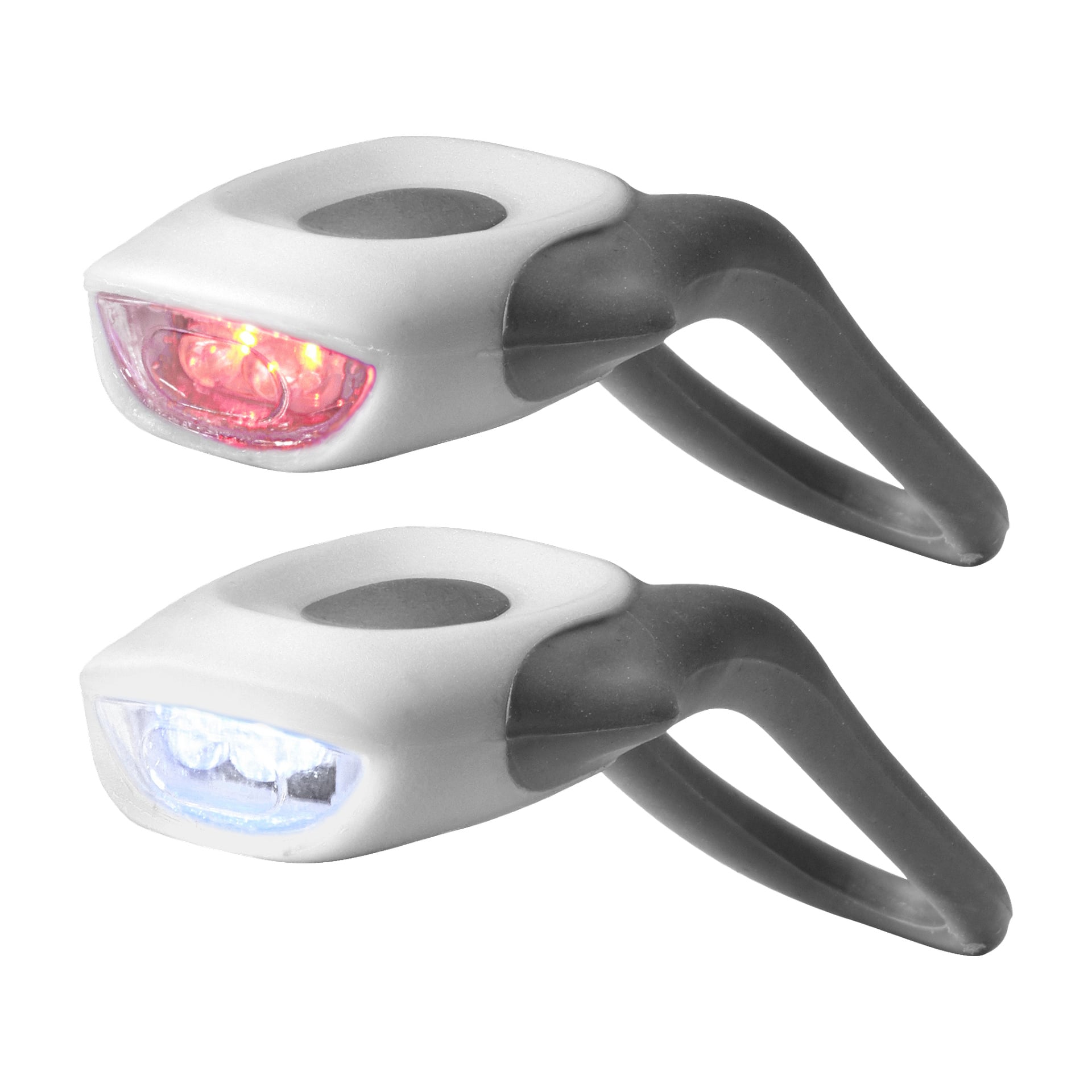 Två Kayoba Bike-lampor LED-fram/bak: en lyser rött, den andra vit. Båda har vita och grå gummikapslingar och flexibla öglor för enkel fästning.