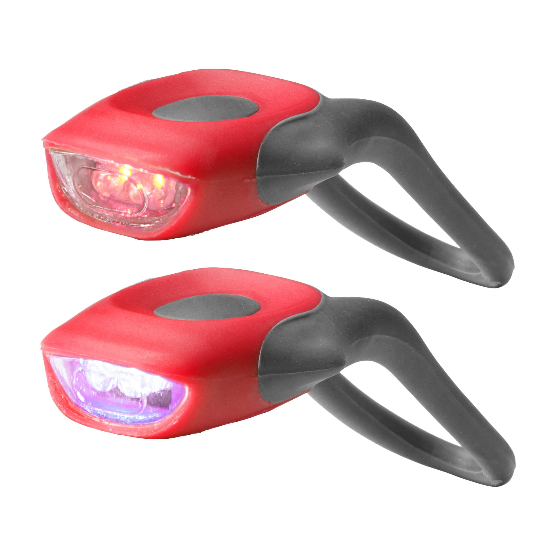 Två små Kayoba Bike LED-lampor, fram och bak, var och en med ett flexibelt silikonband—den ena har vita LED-lampor och den andra röd. Båda har en oval svart knapp upptill och en klar lins.