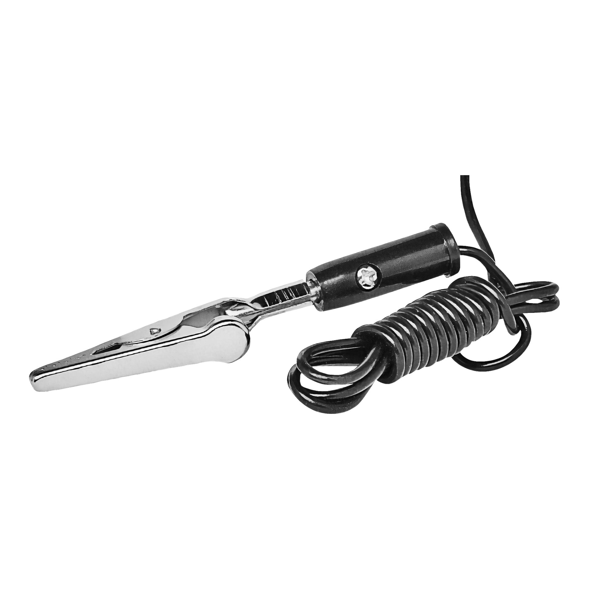 Nahaufnahme eines Anslut-Spannungstesters mit einem Metallalligatorclip, der an einem teilweise gewickelten schwarzen Draht befestigt ist, wobei eine kleine Schraube die Verbindung am schwarzen Kunststoffgehäuse befestigt.