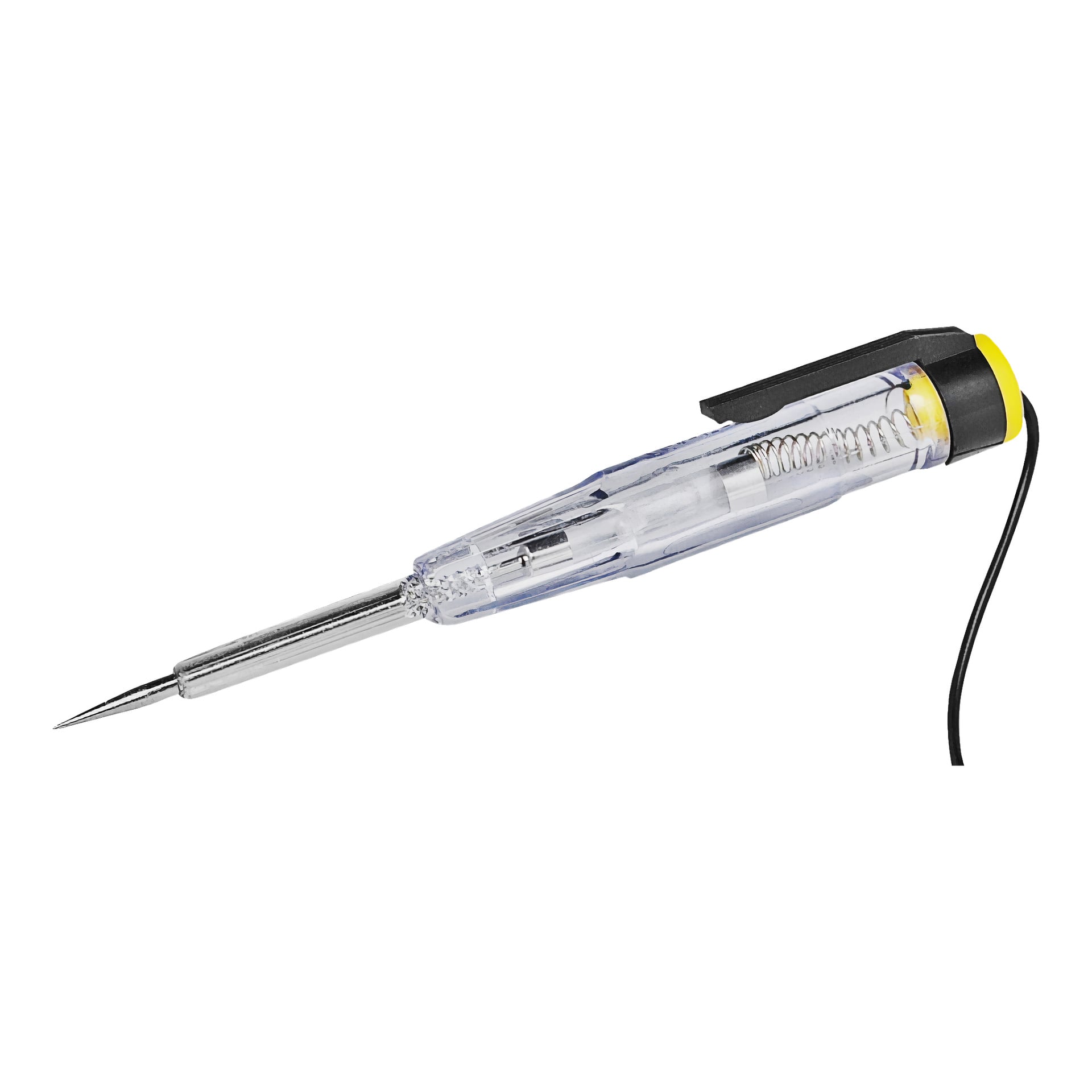 Der Anslut-Spannungsmesser hat einen transparenten Griff mit einem schwarzen Clip, eine Metallspitze und ein angeschlossenes schwarzes Kabel.