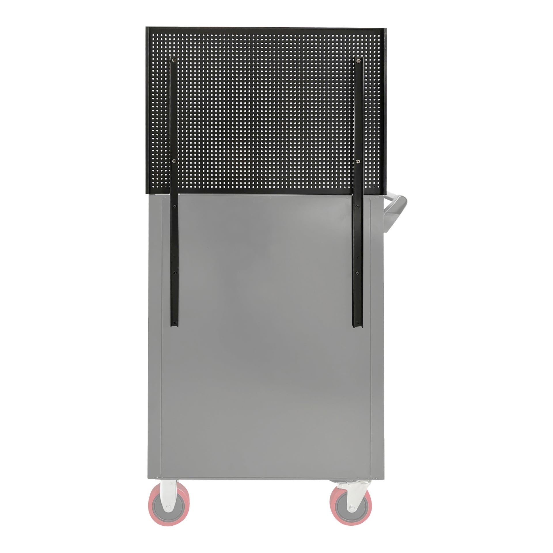 Baksidan av Meec Tools Board för verktygsvagn visas, fäst vid en grå verktygsvagn med fyra hjul, en perforerad svart metallbakpanel och ett sidohandtag.