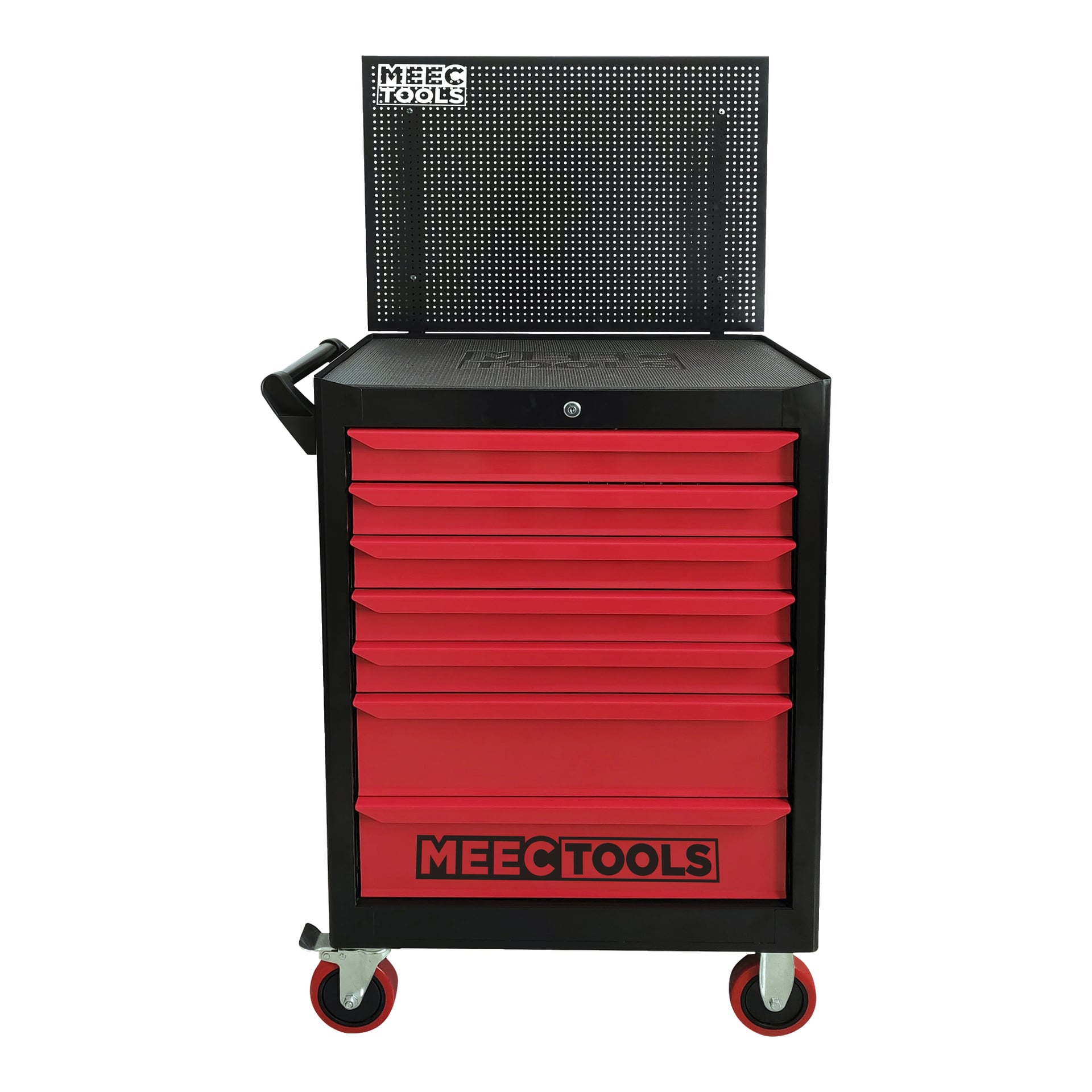 En svart och röd verktygsvagn från Meec Tools med åtta lådor, ett handtag på vänster sida, en baksida på pegboard och fyra hjul. Kistan och stickbrädan visar ordet MEECTOOLS.