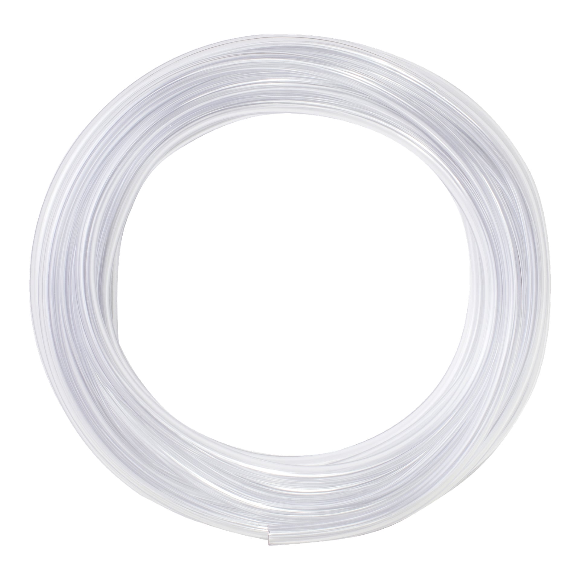 En klar, flexibel plastslang från Hamron är prydligt lindad i en cirkulär form.