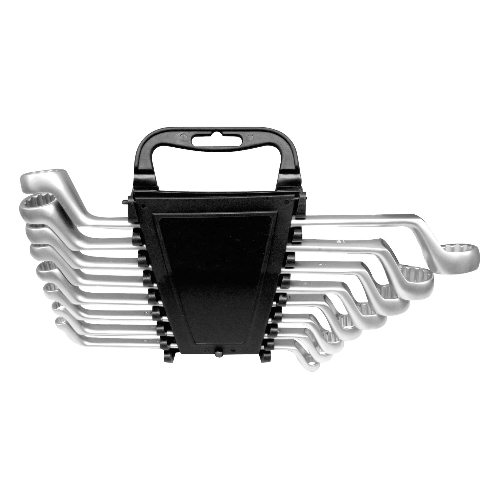 Zestaw kluczy Meec Tools Ring zawiera osiem różnych metalowych kluczy, wszystkie zorganizowane w czarnym plastikowym uchwytie z uchwytem do przenoszenia.