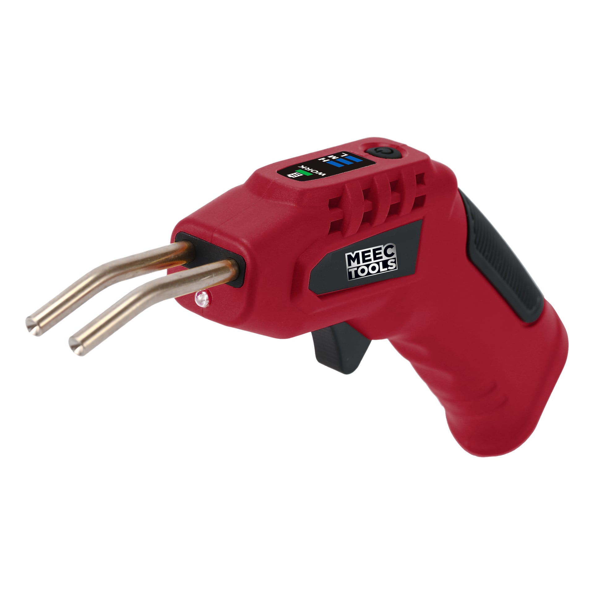 En röd plastreparationshäftpistol med svart handtag, två metallstift framtill, avtryckare och en Meec Tools-etikett på sidan.