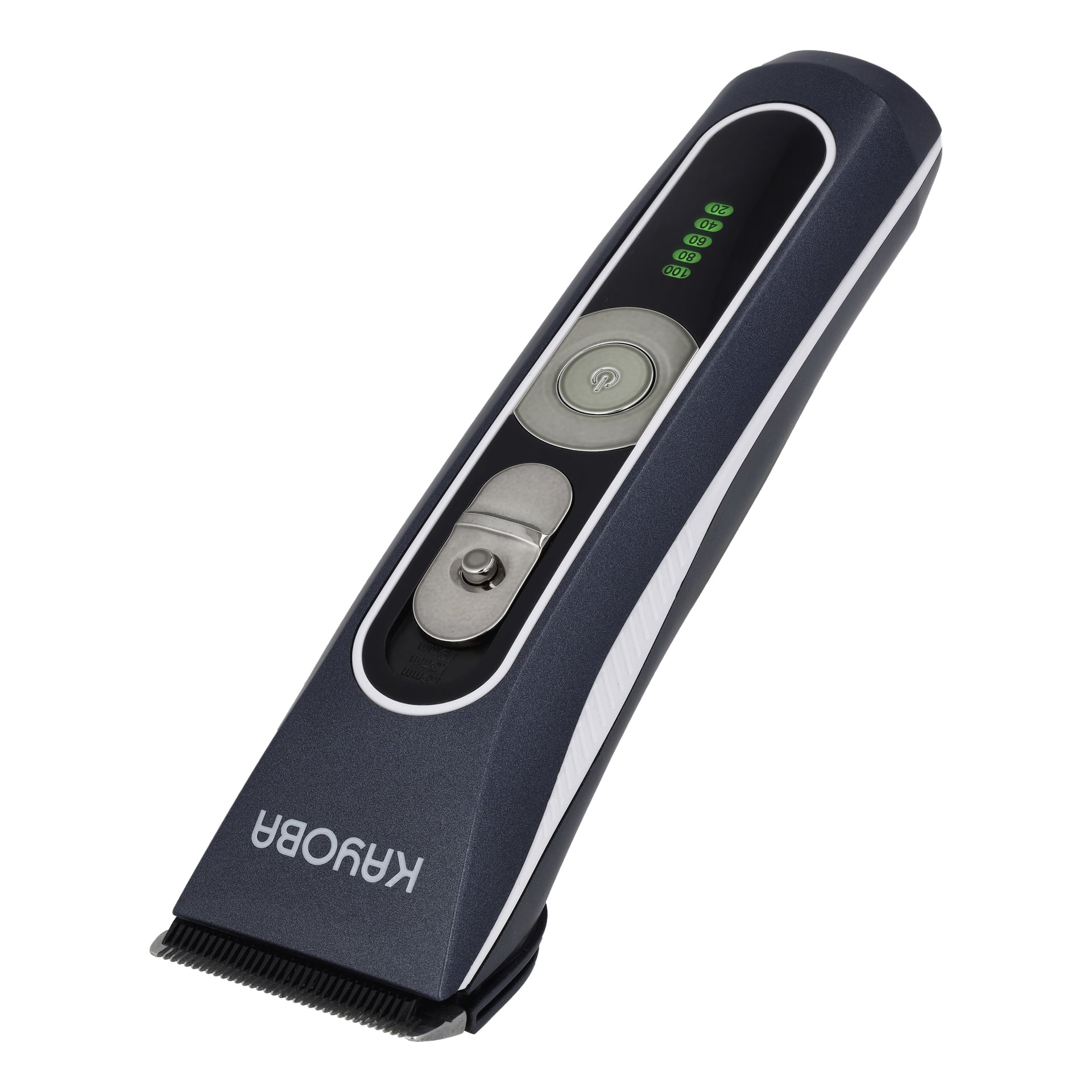 Batteriebetriebener Trimmer mit digitalem Display, Einschaltknopf, verstellbarem Klingenhebel und dem Griff mit Kayoba.